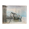 Peinture à l’huile tableau ancien signé port et bateaux