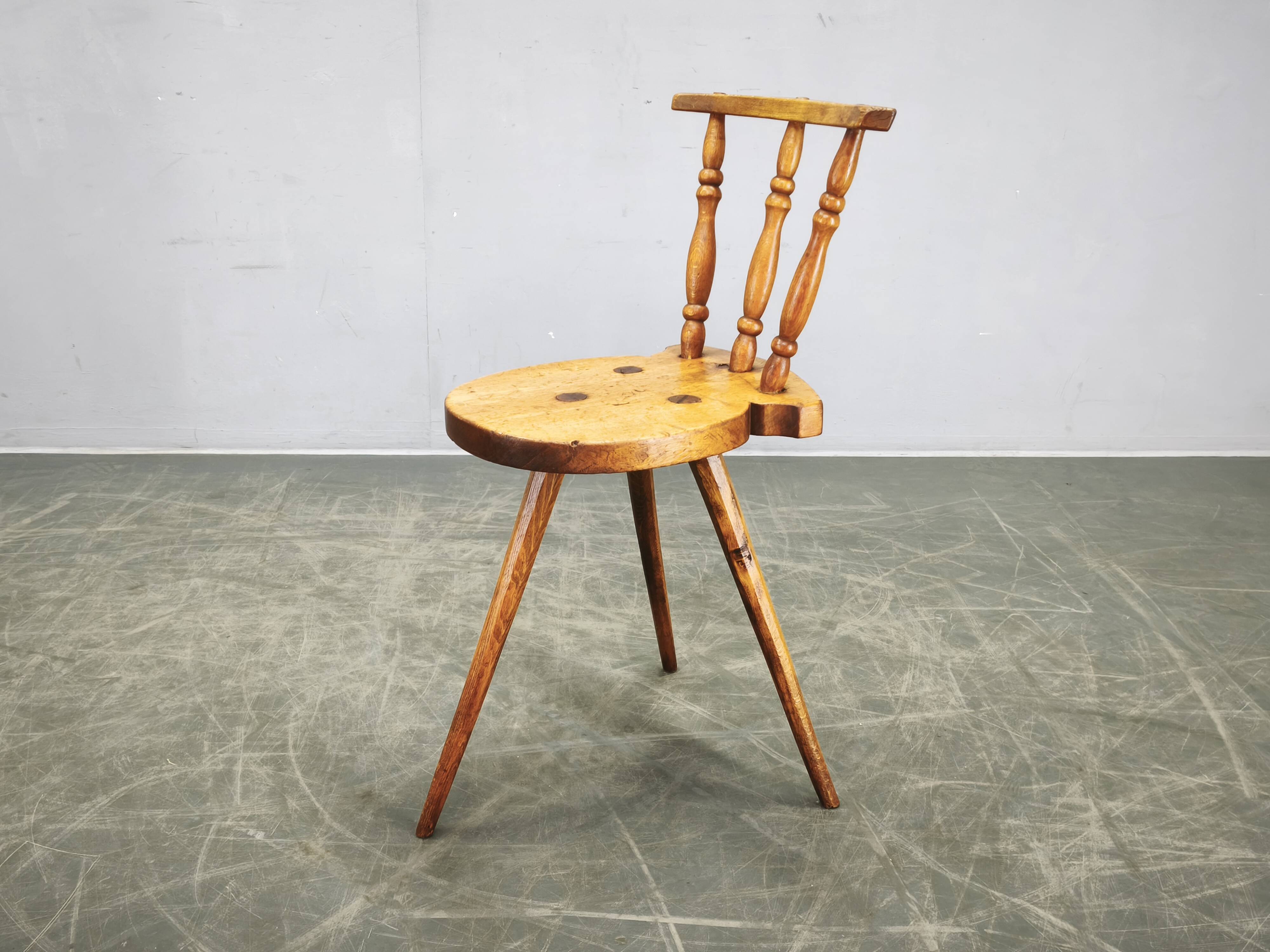 Primitive Solid Beech Folk Chair, Czechoslovakia, 1940s