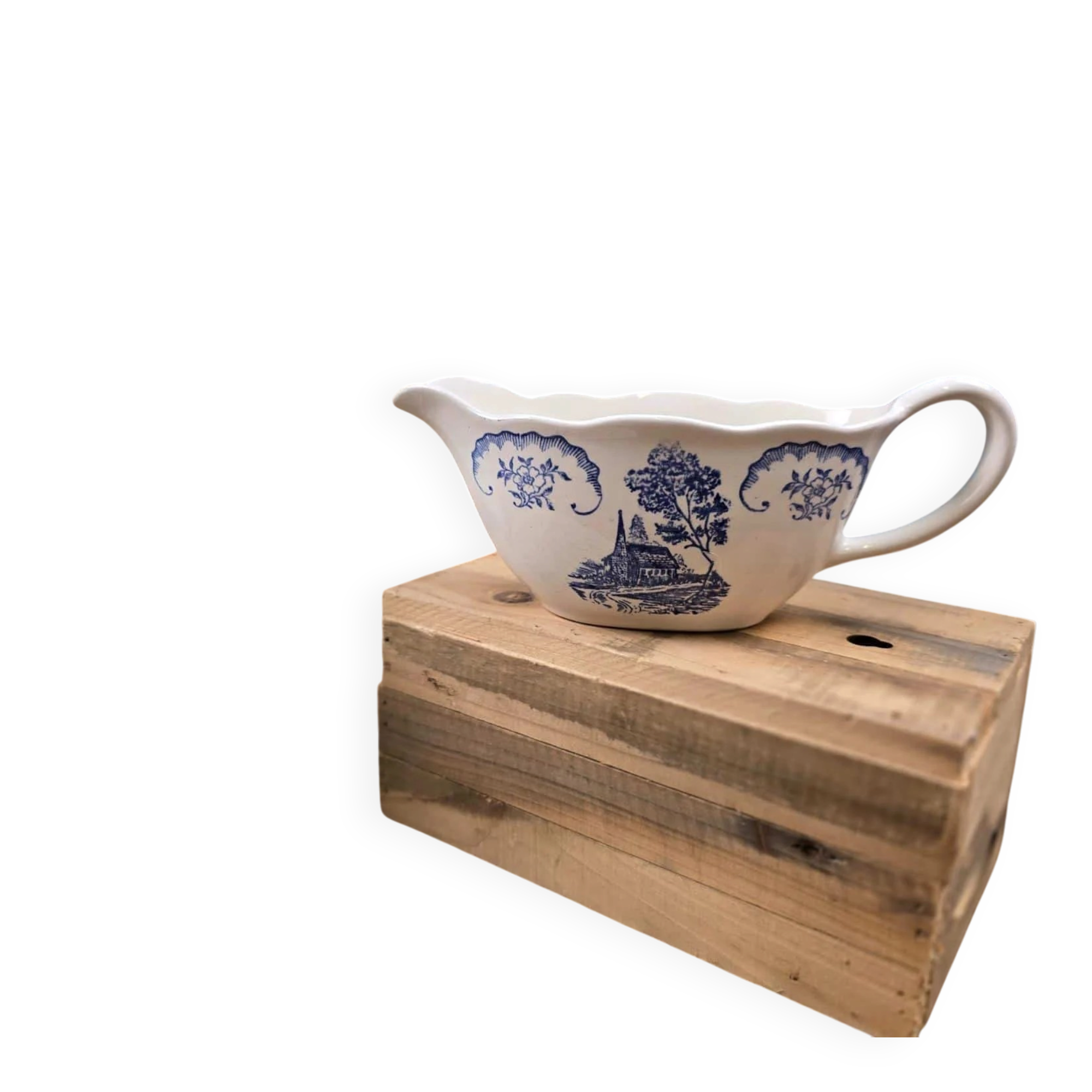 Petite saucière Digoin Bernadette – Faïence ancienne décor bleu campagne