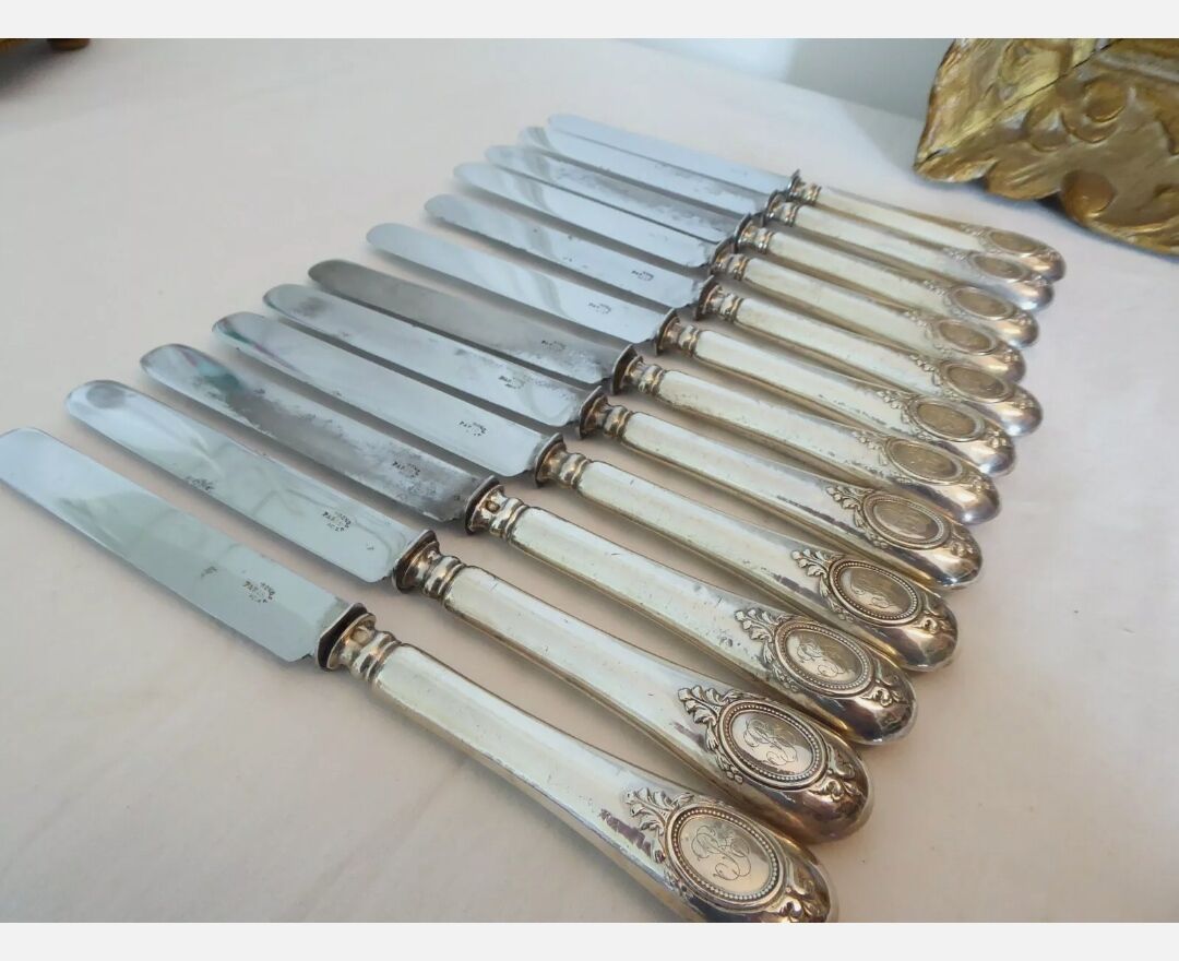 12 old filled silver handle knives