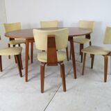 Set of 6 mid-century modernist lounge chairs in plywood - extension table by Cor Alons for Gouda den Boer