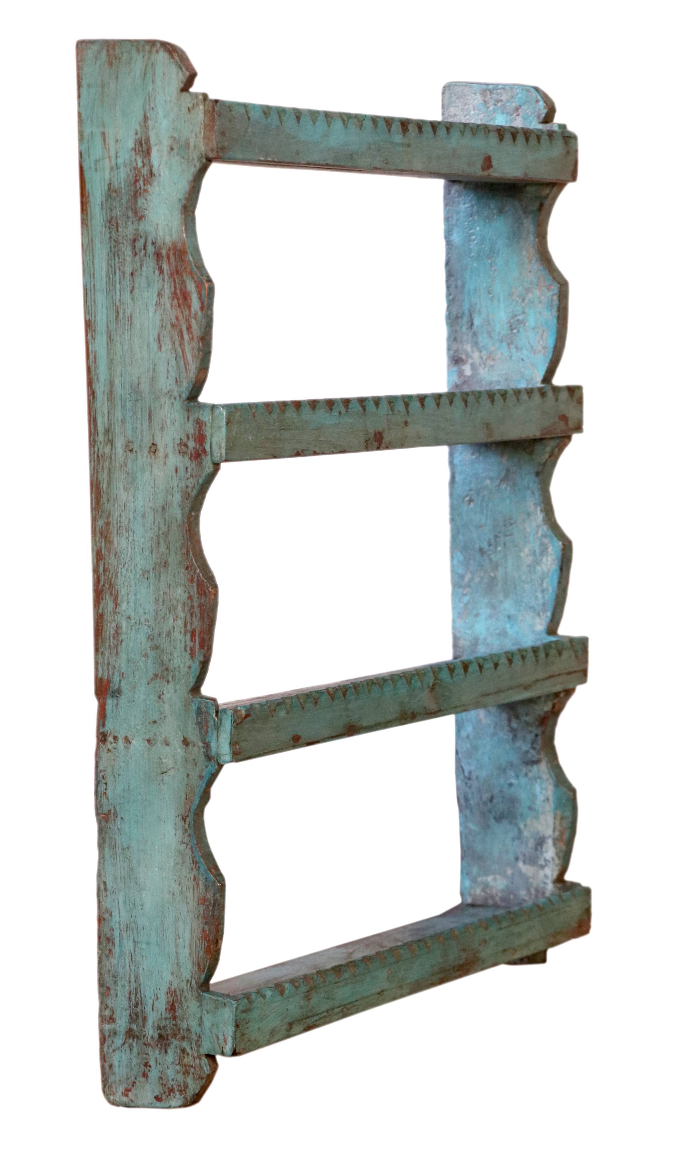 Old Burmese teak wall shelf original blue patina