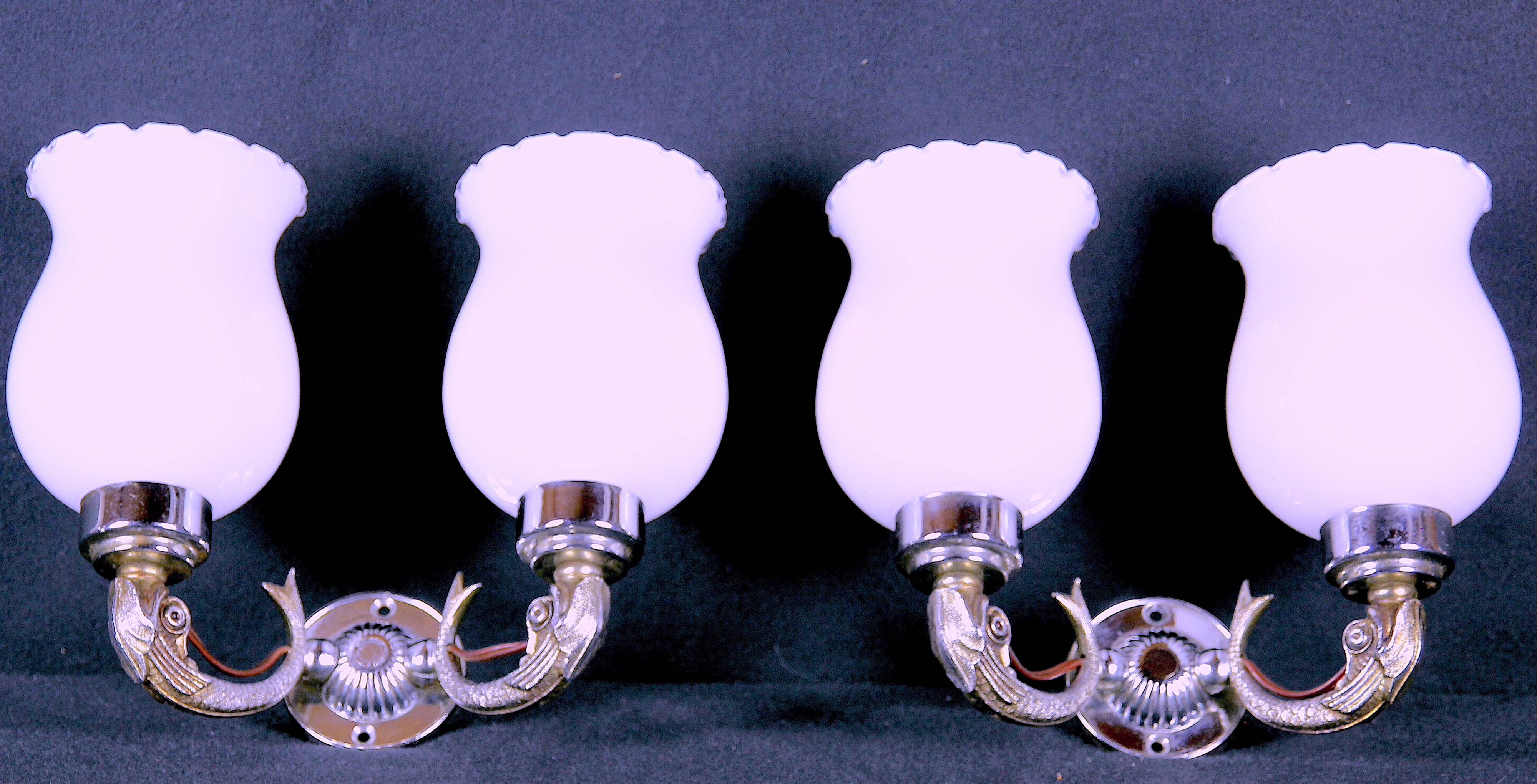 Maison Lancel, White Opaline Silver-Plated Dolphin Sconces, Mid-Century, France