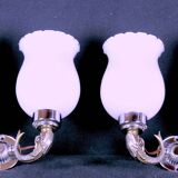 Maison Lancel, White Opaline Silver-Plated Dolphin Sconces, Mid-Century, France