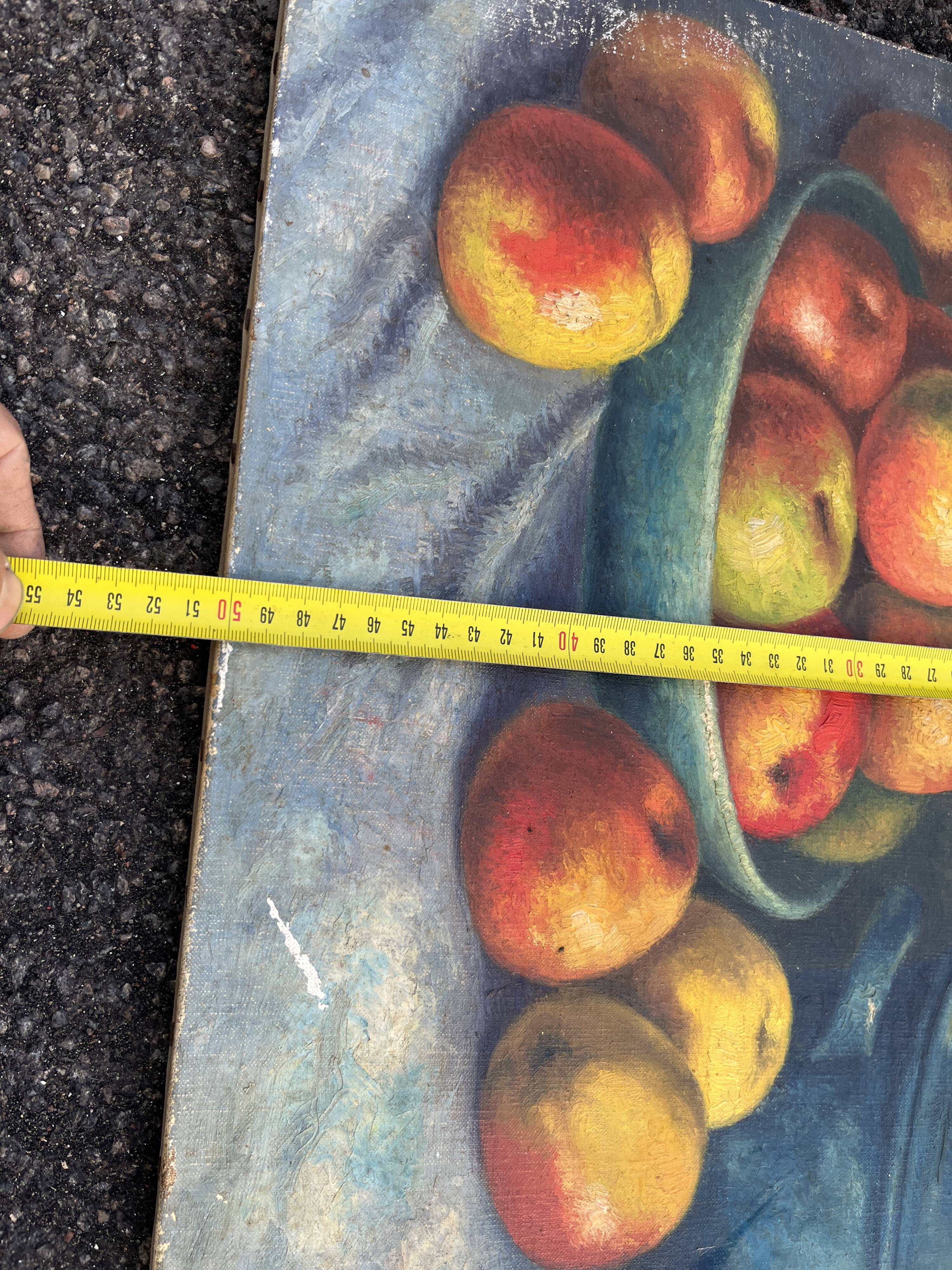 Antique painting Still life – apples, blue pottery and brass jug