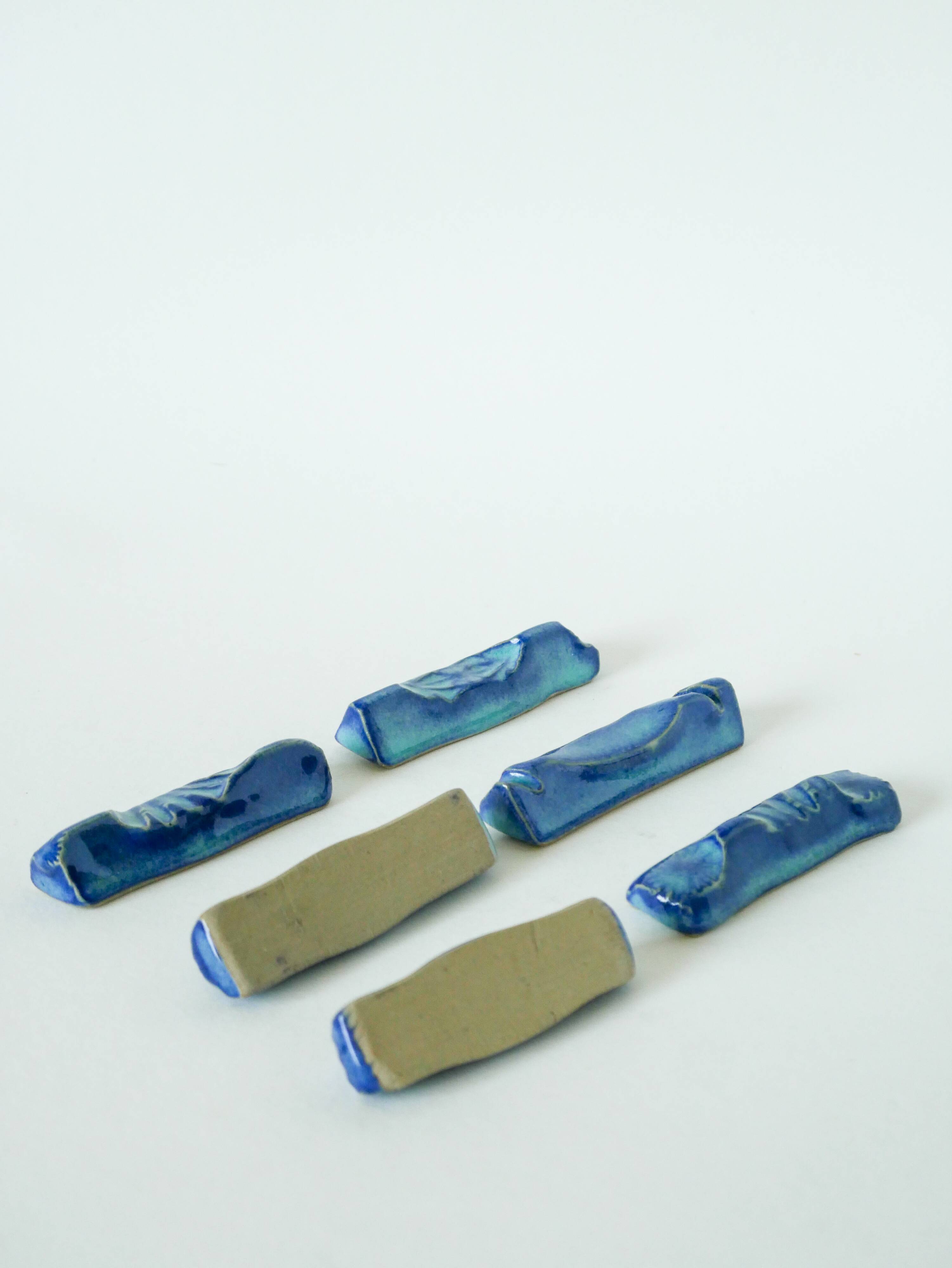 Set of 6 ceramic knife holders, handcrafted, Blue, 1970