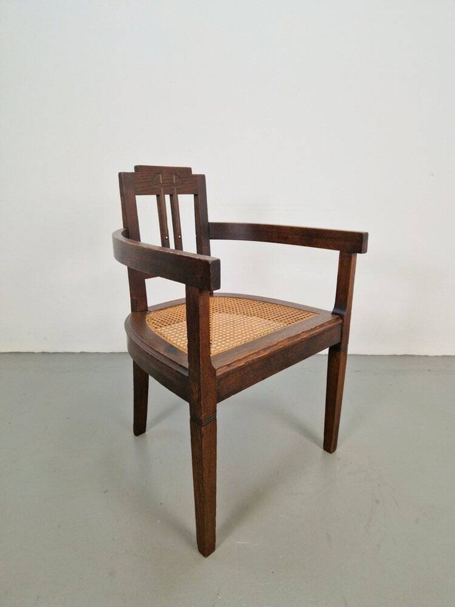 Art Nouveau Deco Armchair in Rattan Webbing, Oak and Copper, 1920s