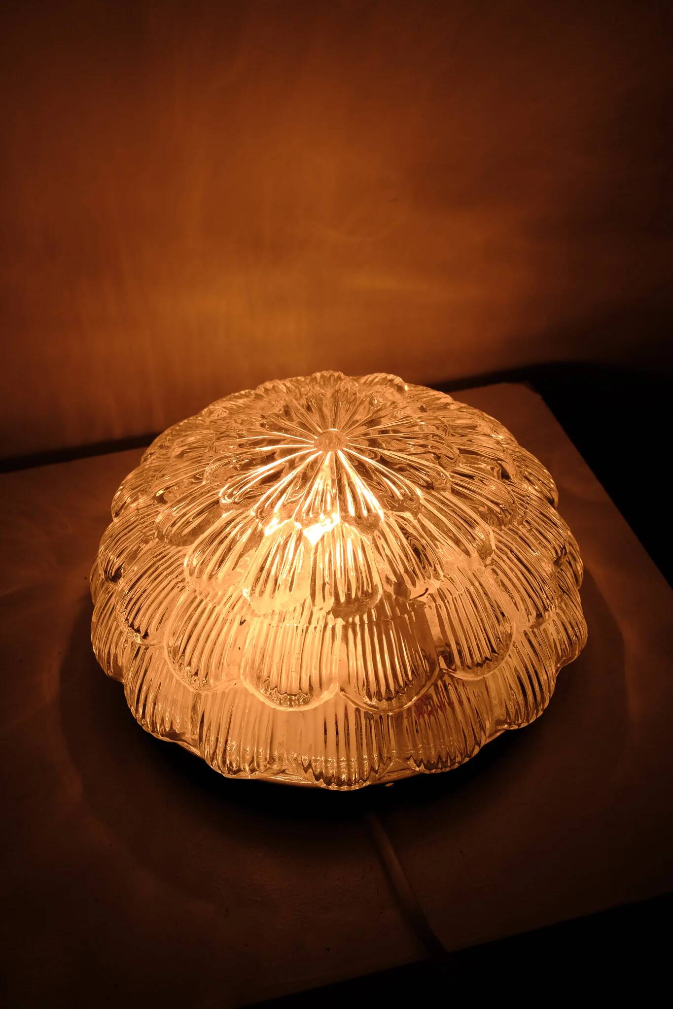 Vintage round glass ceiling light in the shape of a flower, 1970s.