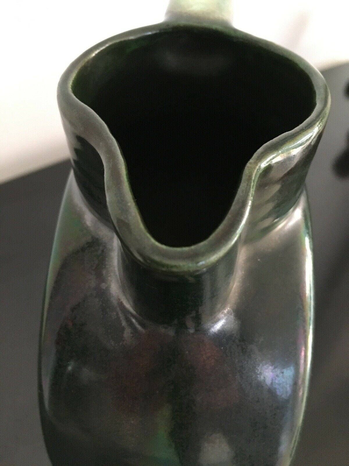 Carafe broc pitcher in green ceramic with metallic highlights