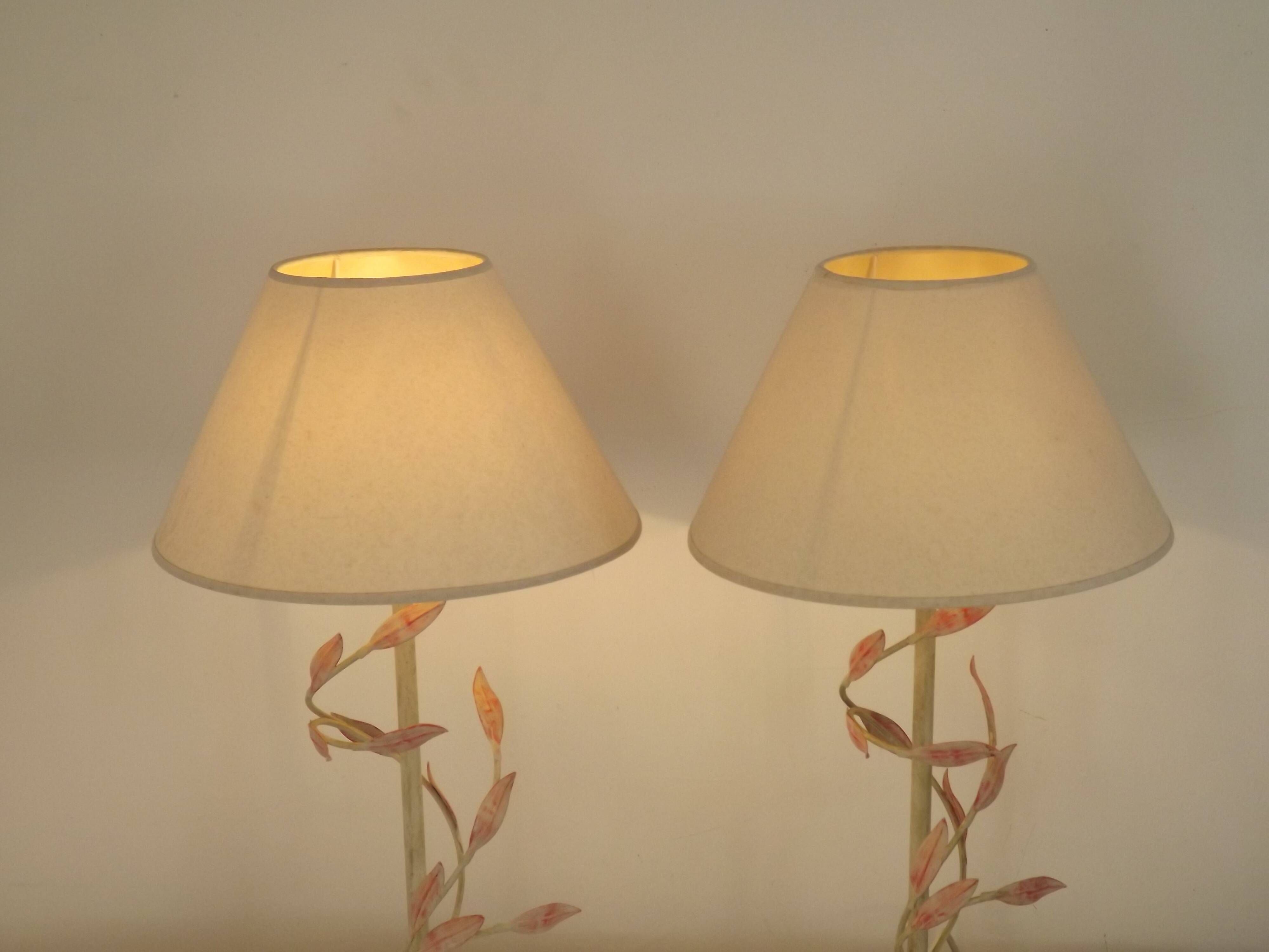 Pair Of French Vintage Metal Table Lamps With Scrolling Leaf Detail