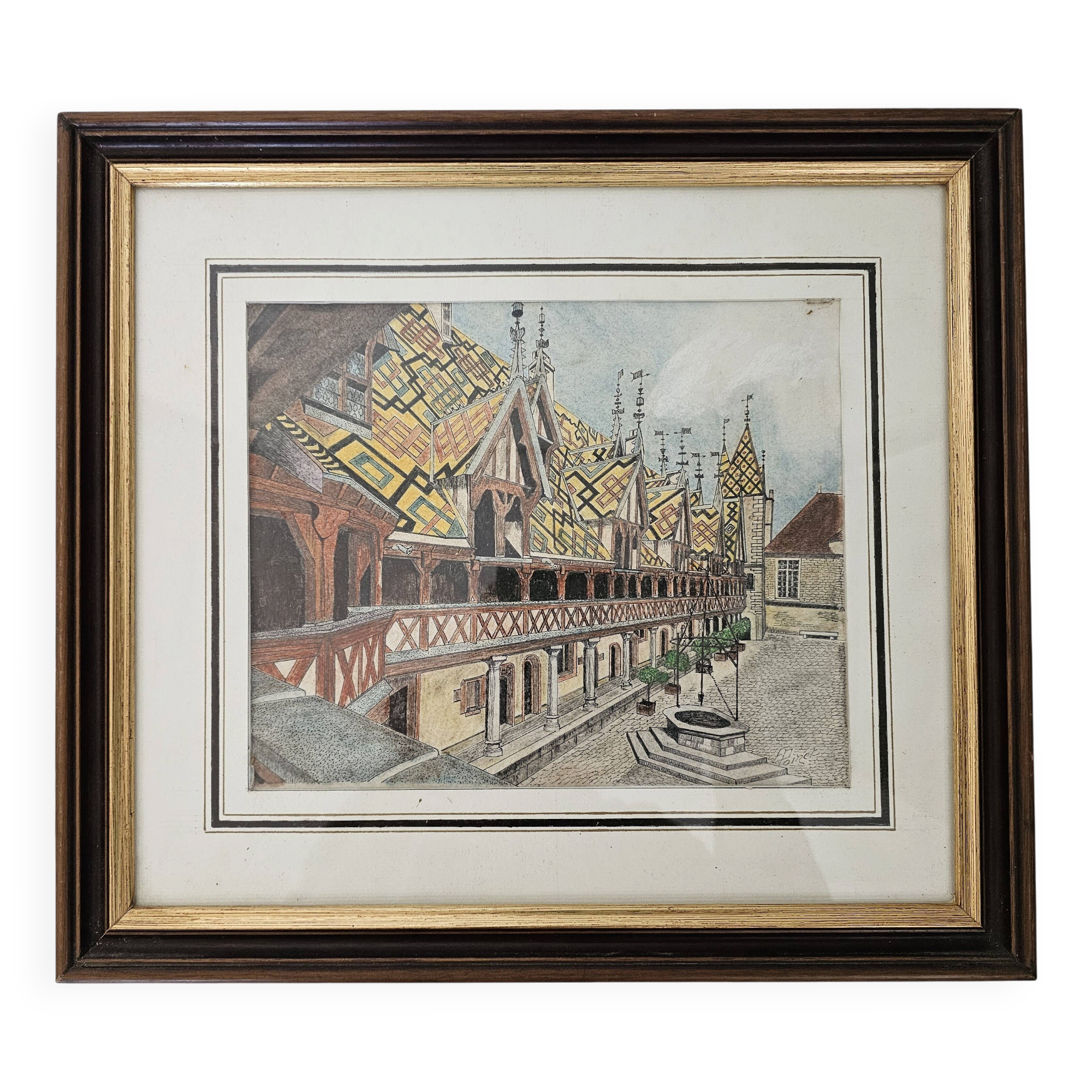 Tableau Ink and pastel - Beaune Hotel Dieu - E Poinet