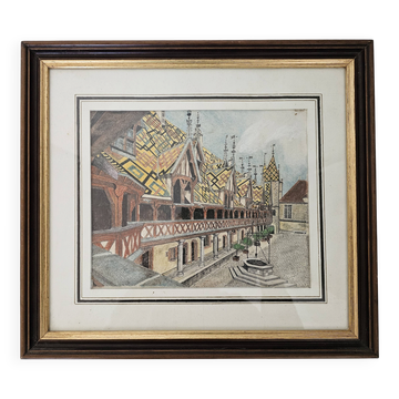Tableau Ink and pastel - Beaune Hotel Dieu - E Poinet