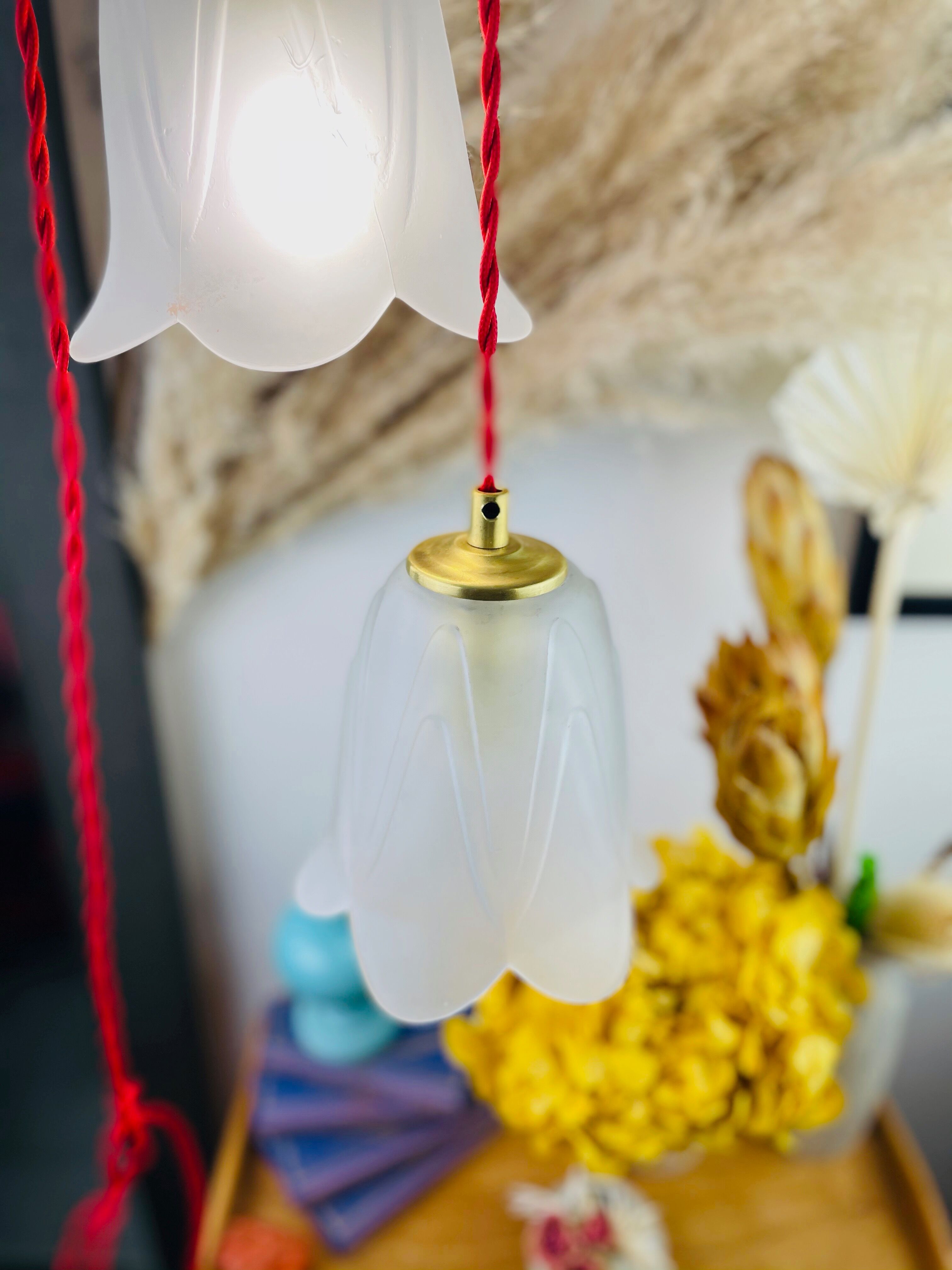 Walking lamp or suspension opaque globe shape of Art Deco flower