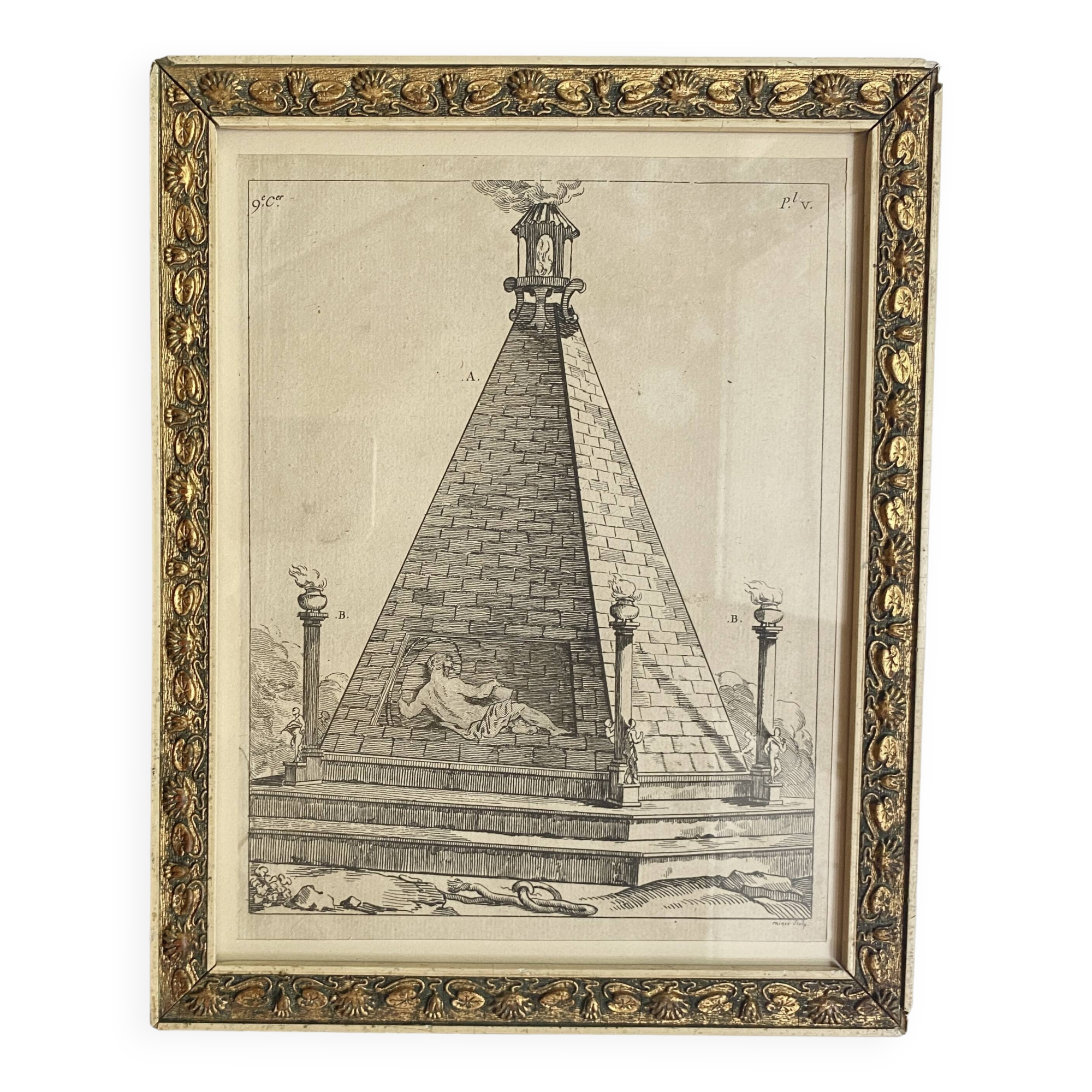 19th century engraving, Art Deco gold glazed frame