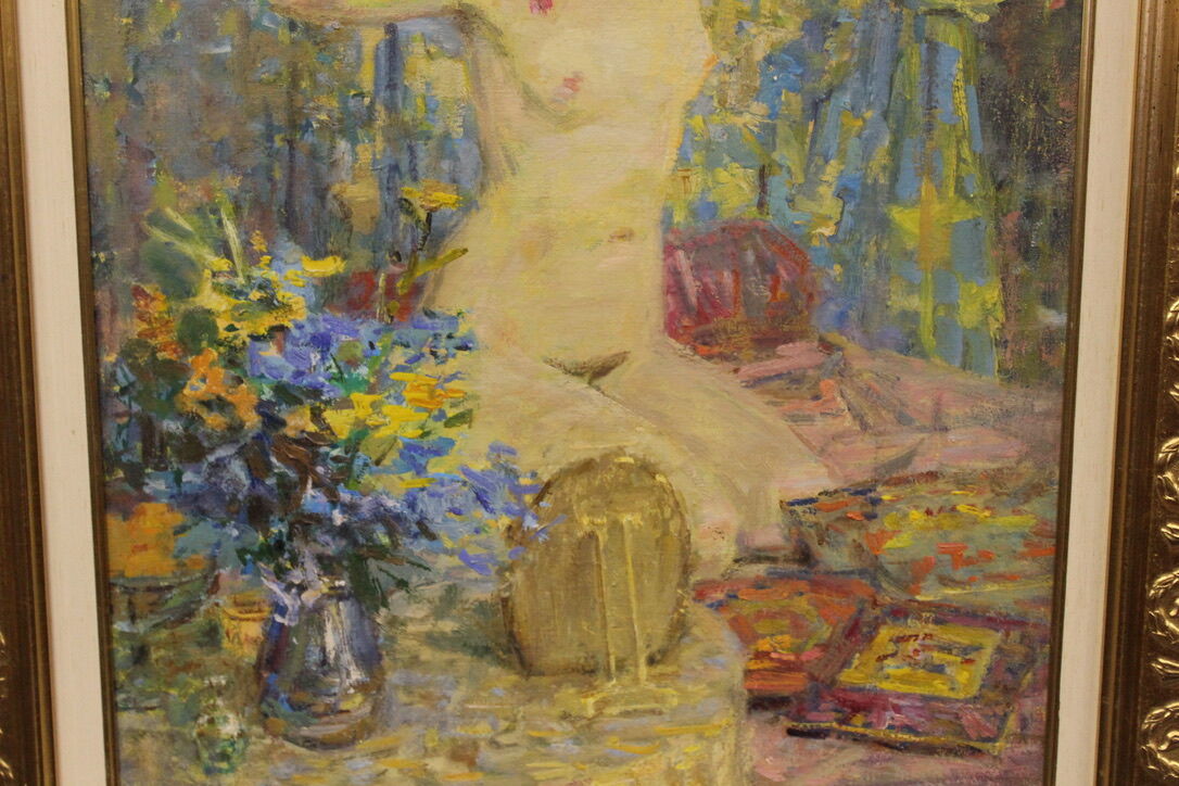 Oil on canvas young woman with a pink knot by riasnianski