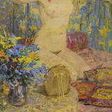 Oil on canvas young woman with a pink knot by riasnianski