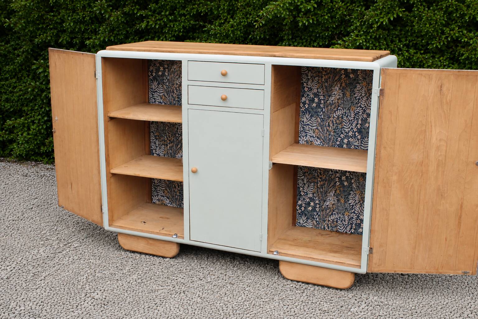Renovated vintage buffet in Mado style – Celadon Libéron and natural wood – 13