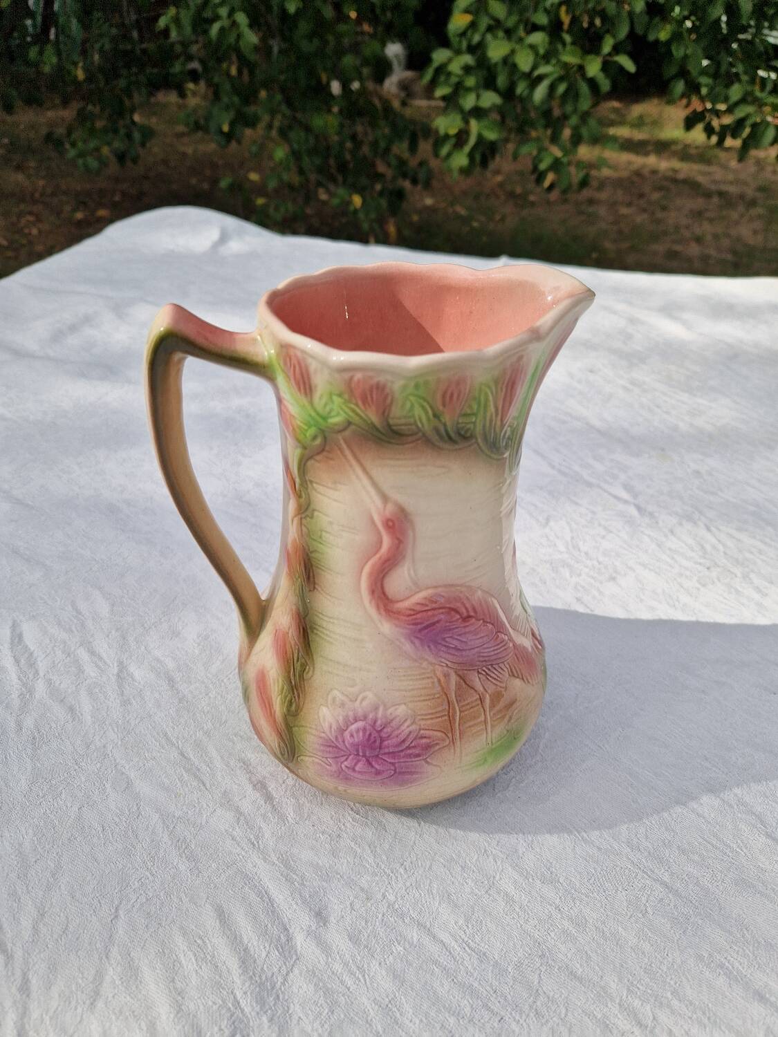 Antique Barbotine Pitcher from the Saint Clément Factory, Heron Decor