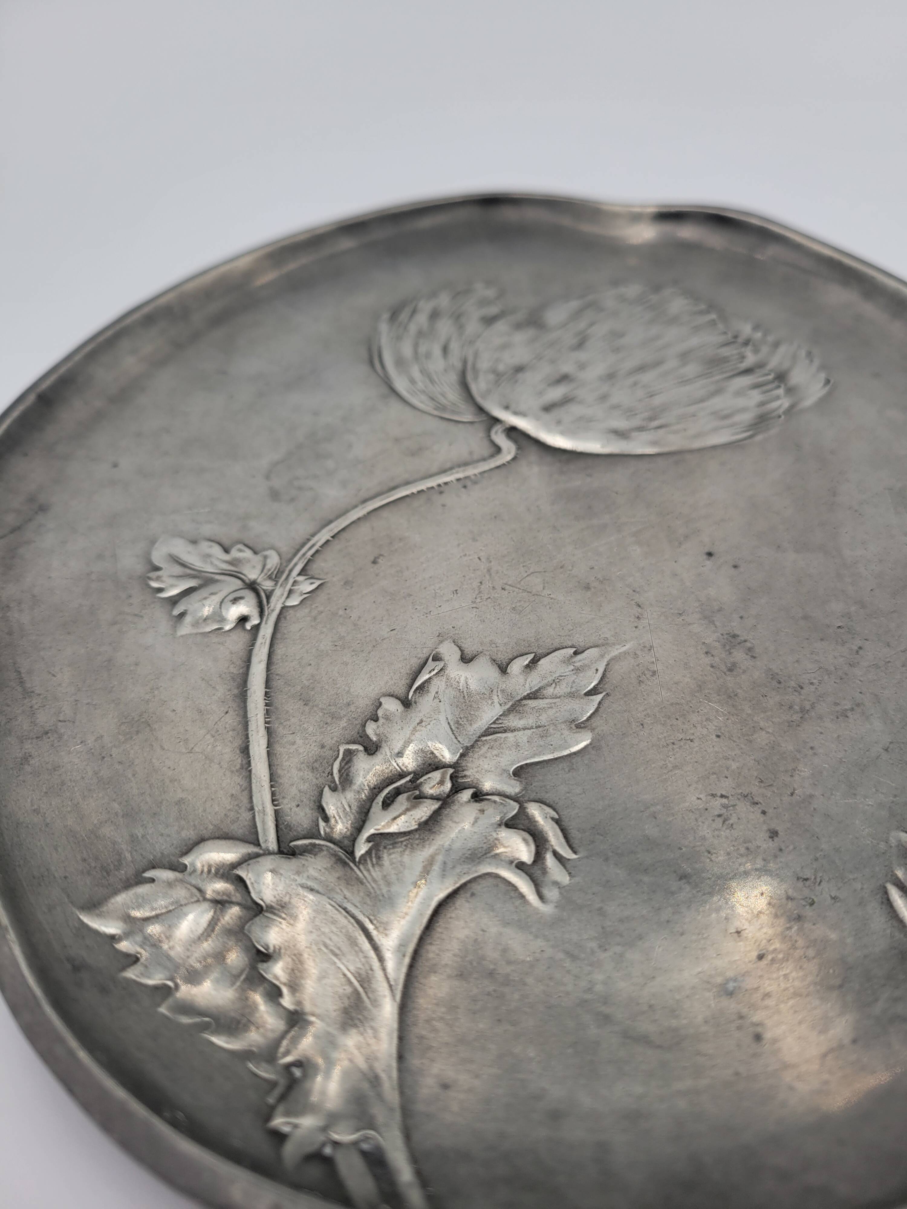 Pewter poppy plate. Art Nouveau
