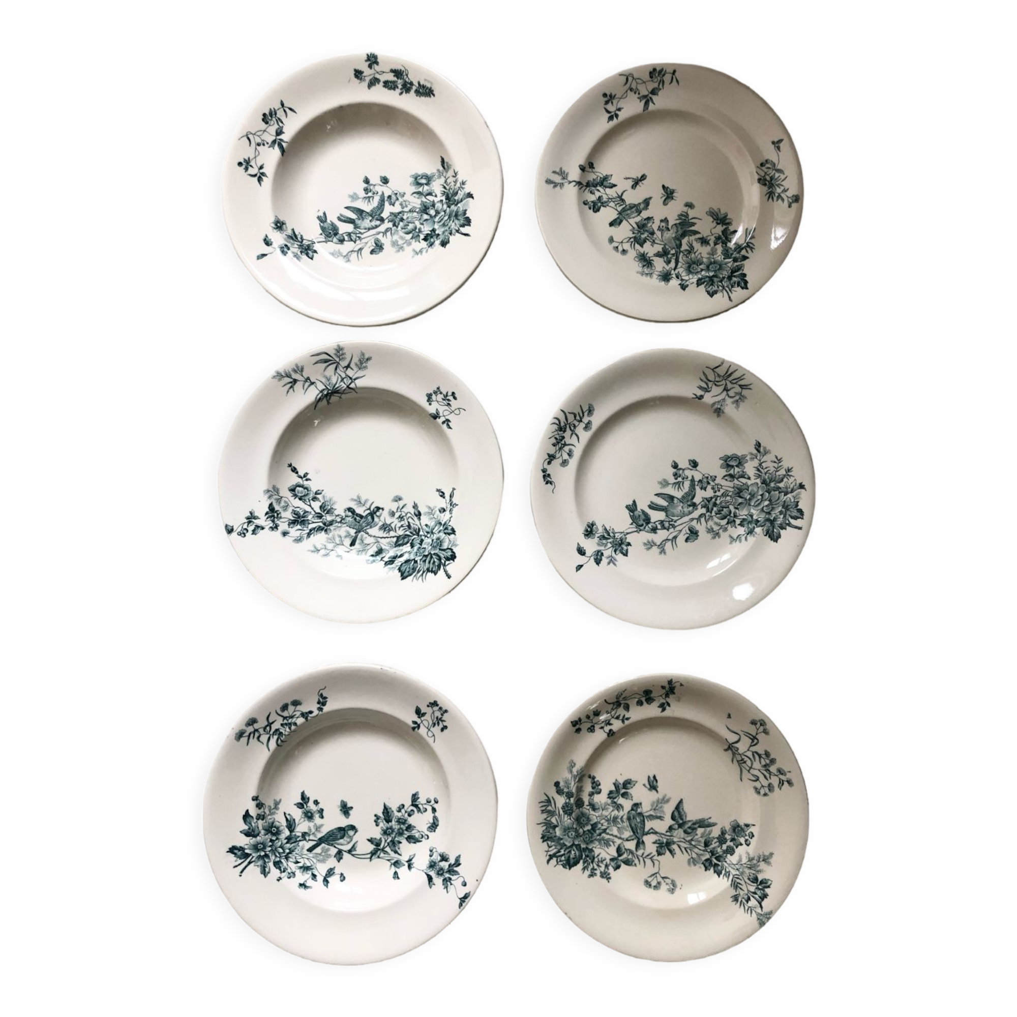 6 assiettes terre de fer oiseaux Longwy « mignon »