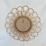 Round mirror flower sun in rattan wicker wood vintage 1960 1970 55 cm folk