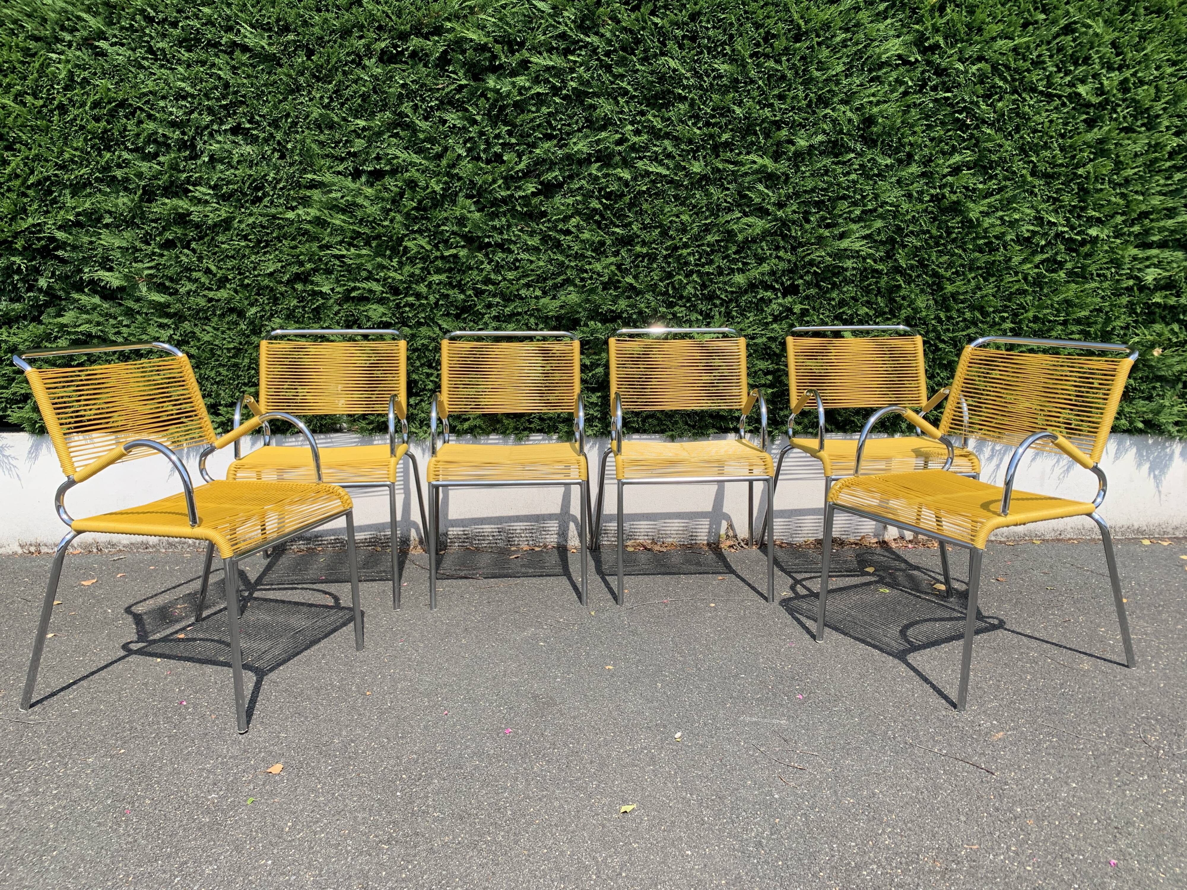 6 yellow and stackable armchairs, scoubidou by Dupré Perrin