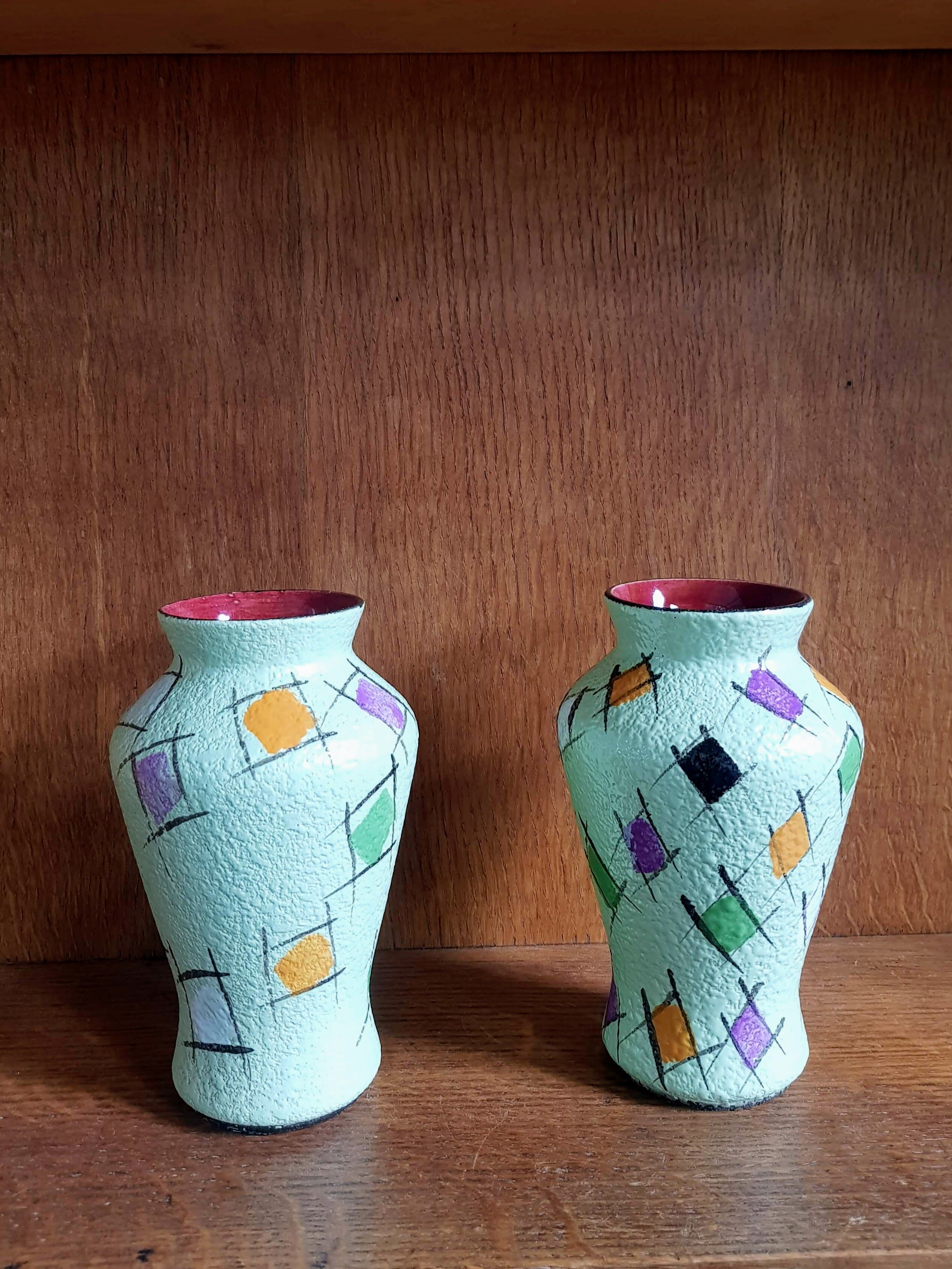 Set of Two Vintage Fat Lava Hand-painted Ceramic Vases by Bay Keramik - West Germany - 1960s