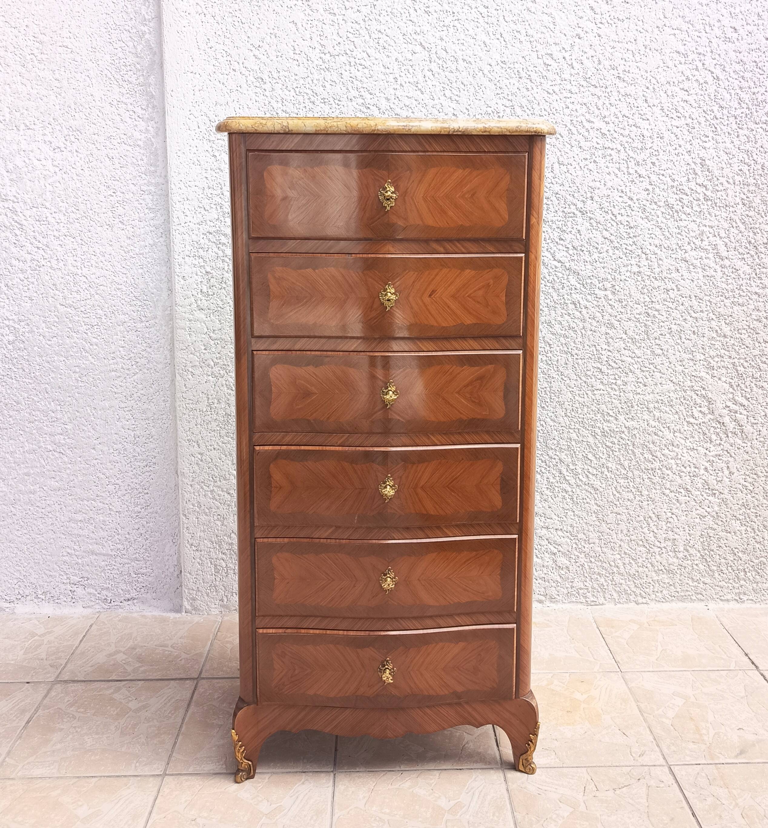 Louis XV style chest of drawers in precious wood veneer.