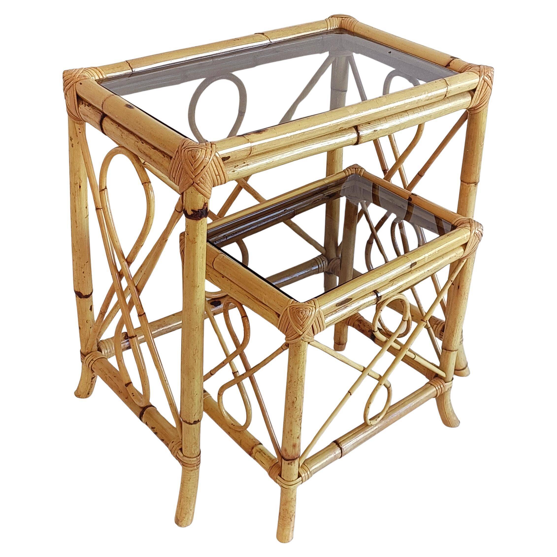 Mid-Century Modern Bamboo & Rattan Nesting Tables, Spain, 1960s