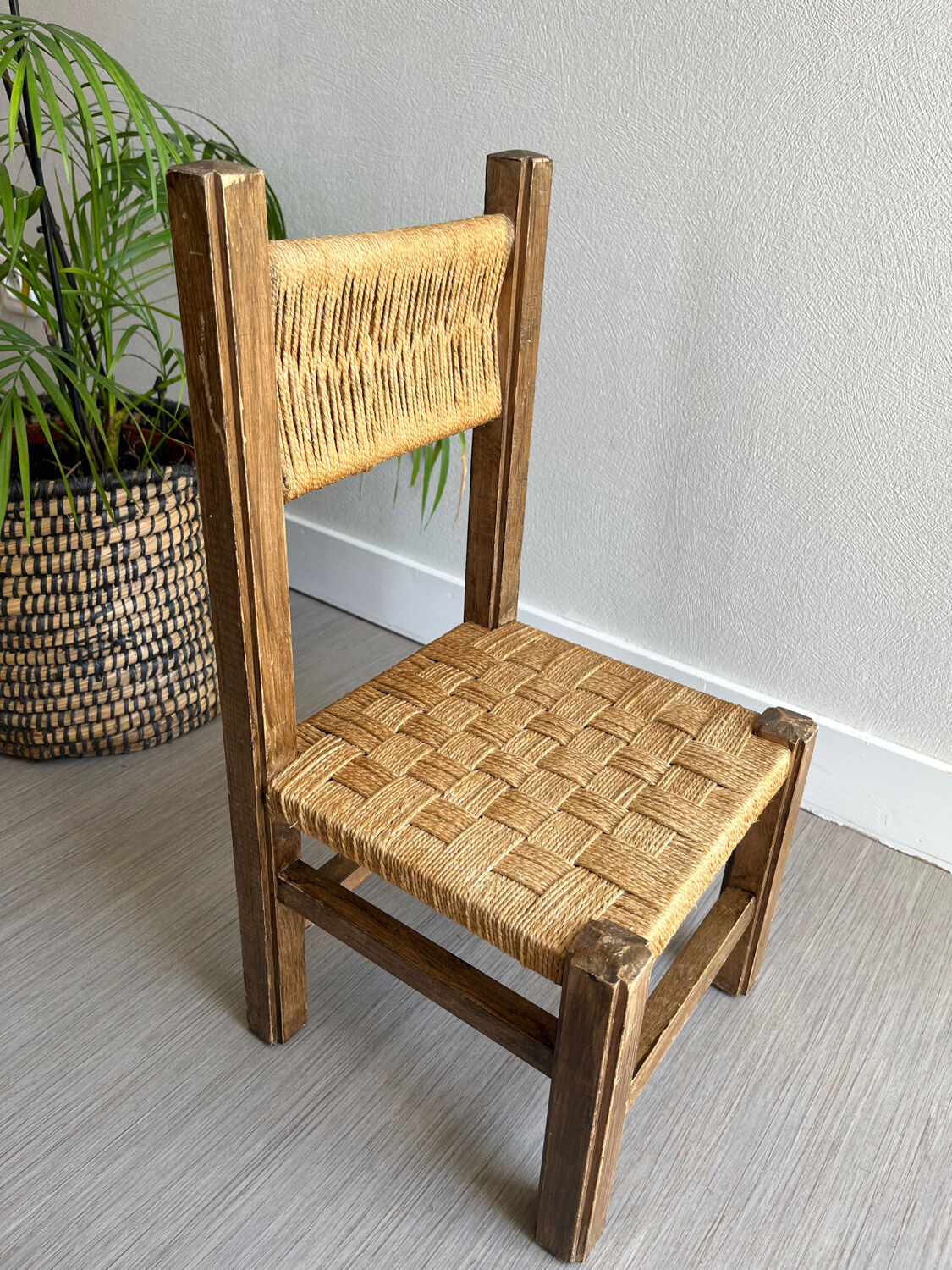 Vintage children's chair wood and rope by Audoux and Minet