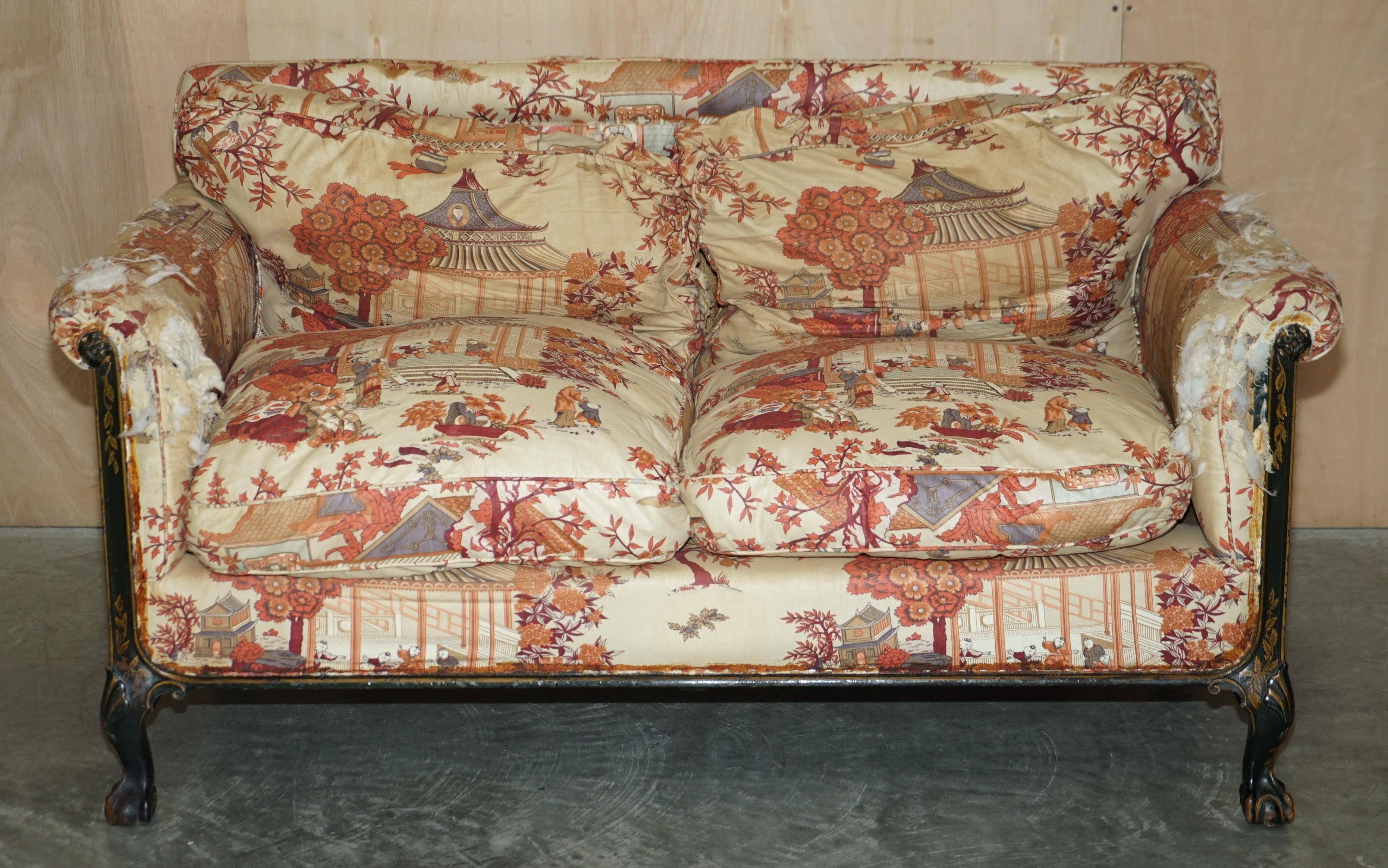 Antique Howard & Sons canapé, Aesthetic Movement, claw and ball feet, chinoiserie fabric.