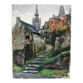 Oil on cardboard signed - View of a village