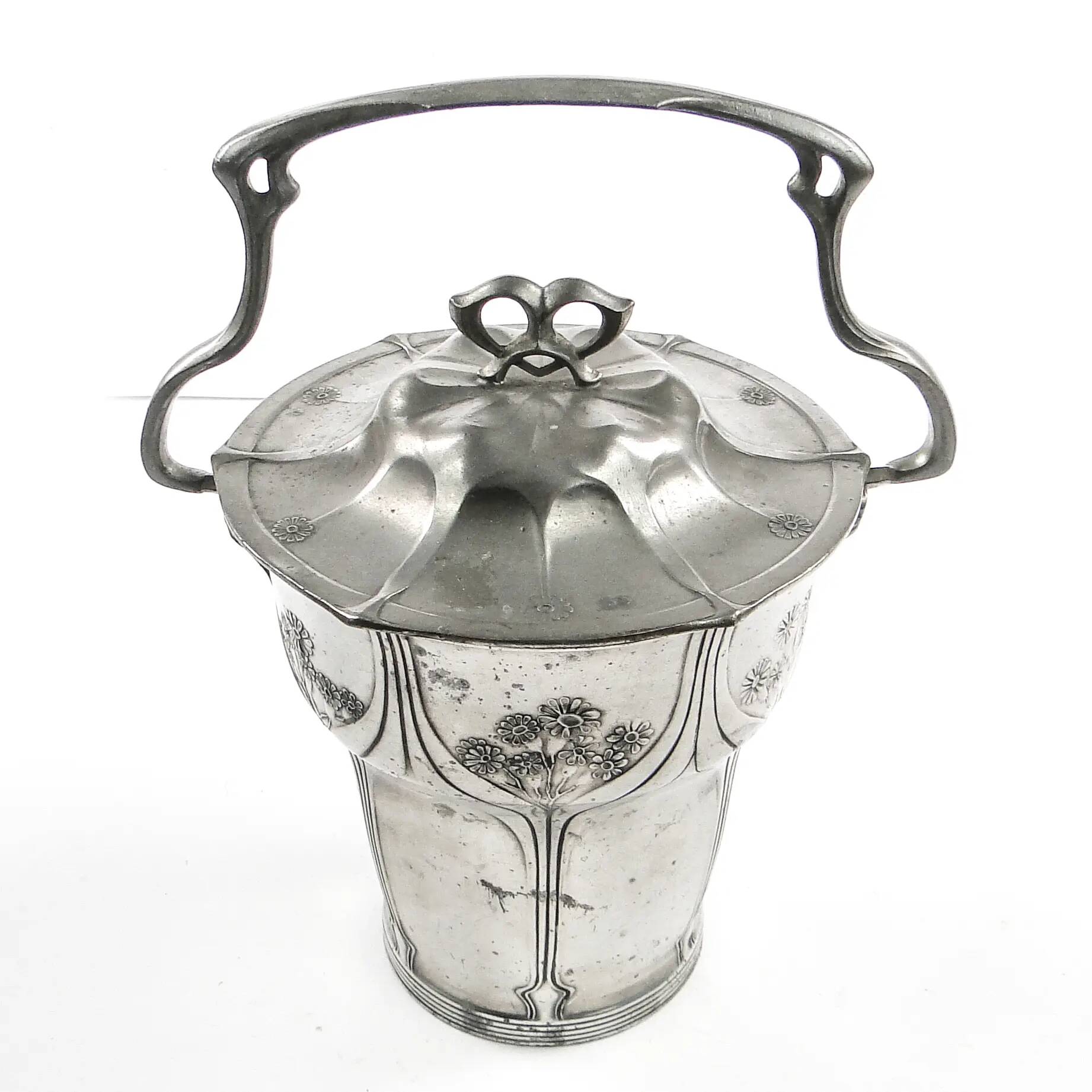 Art Nouveau tea caddy, silver-plated pewter, Orivit, Germany, early 20th century