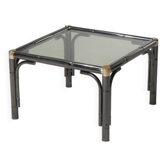 Table basse bambou en métal et verre, 1980s