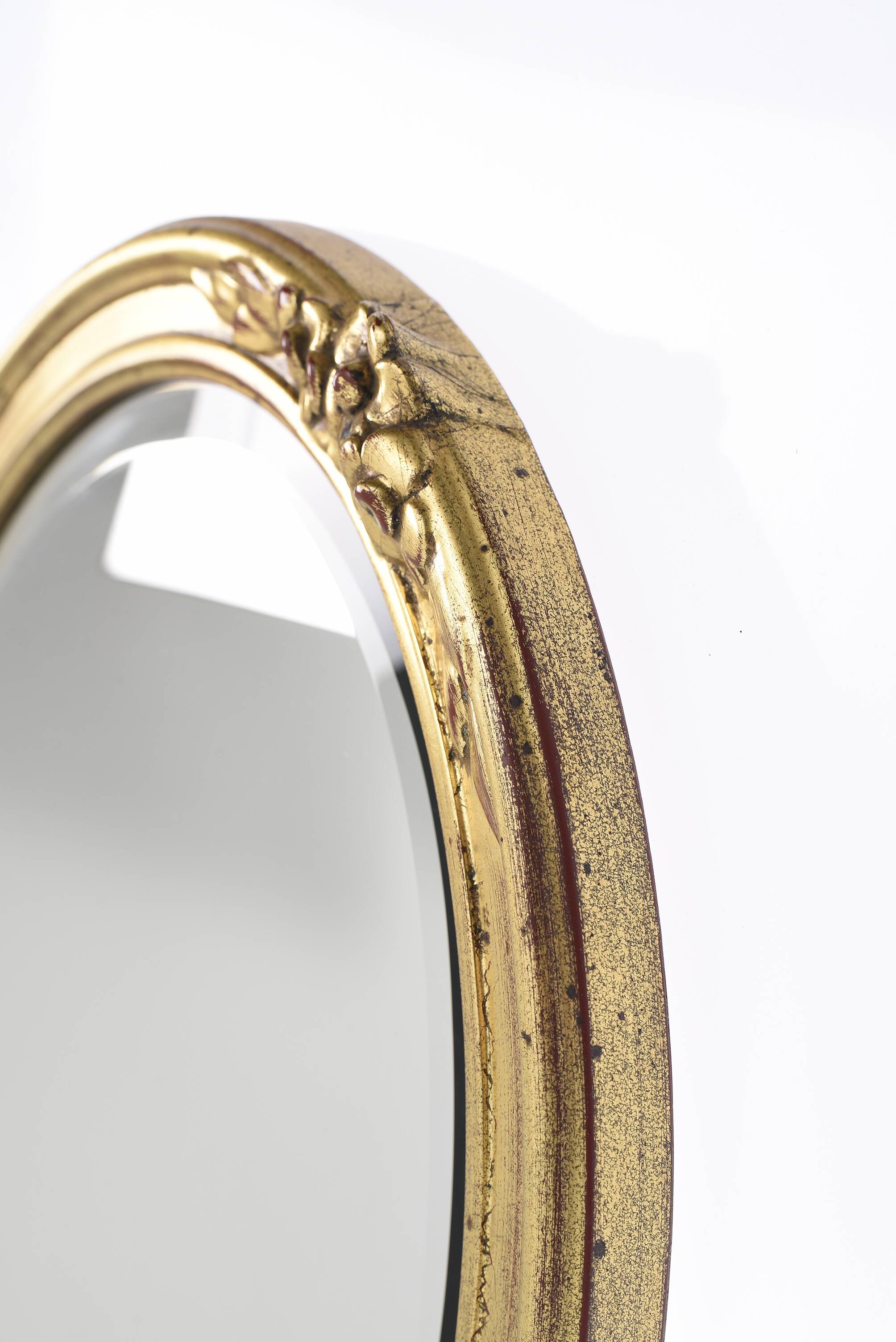 Large old oval gold leaf mirror, beveled, 64cm