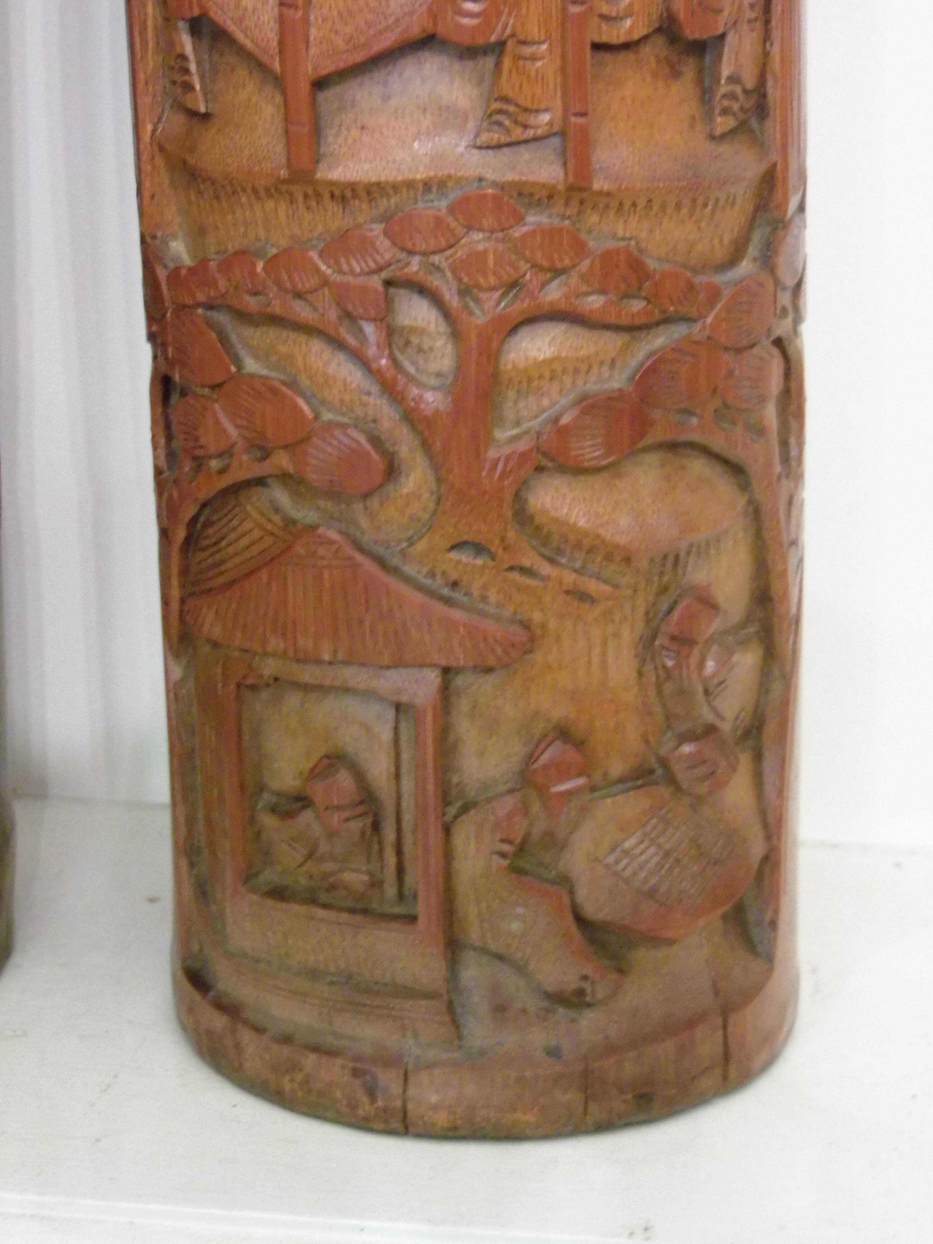 Two carved bamboo pots, pair of brush pots China late 19th early 20th century