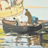 Peinture à l’Huile sur Isorel « Chalutier et Thoniers », signée G.Lhermitte – Milieu XXe