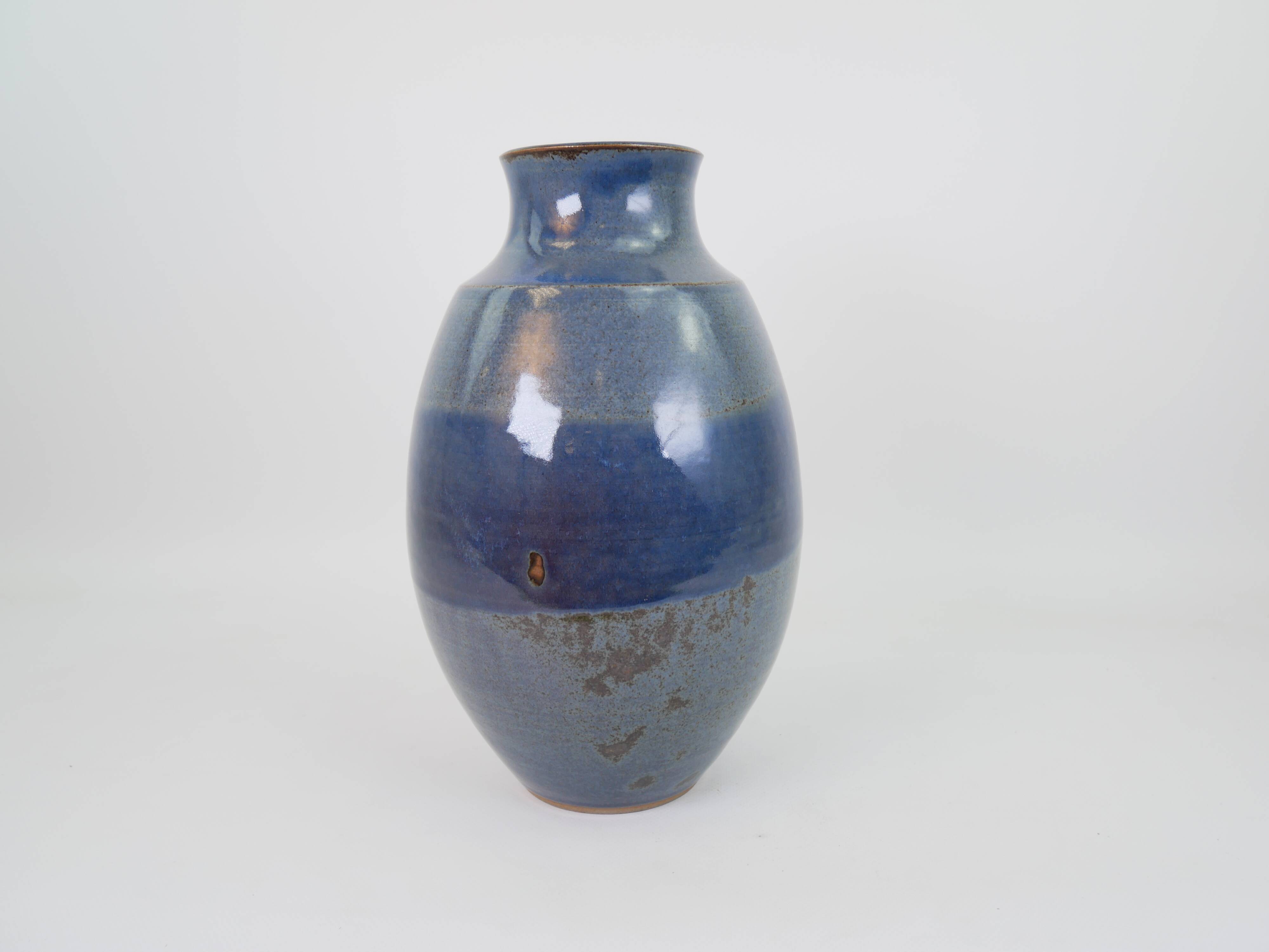 Large blue glazed ceramic vase signed under the base