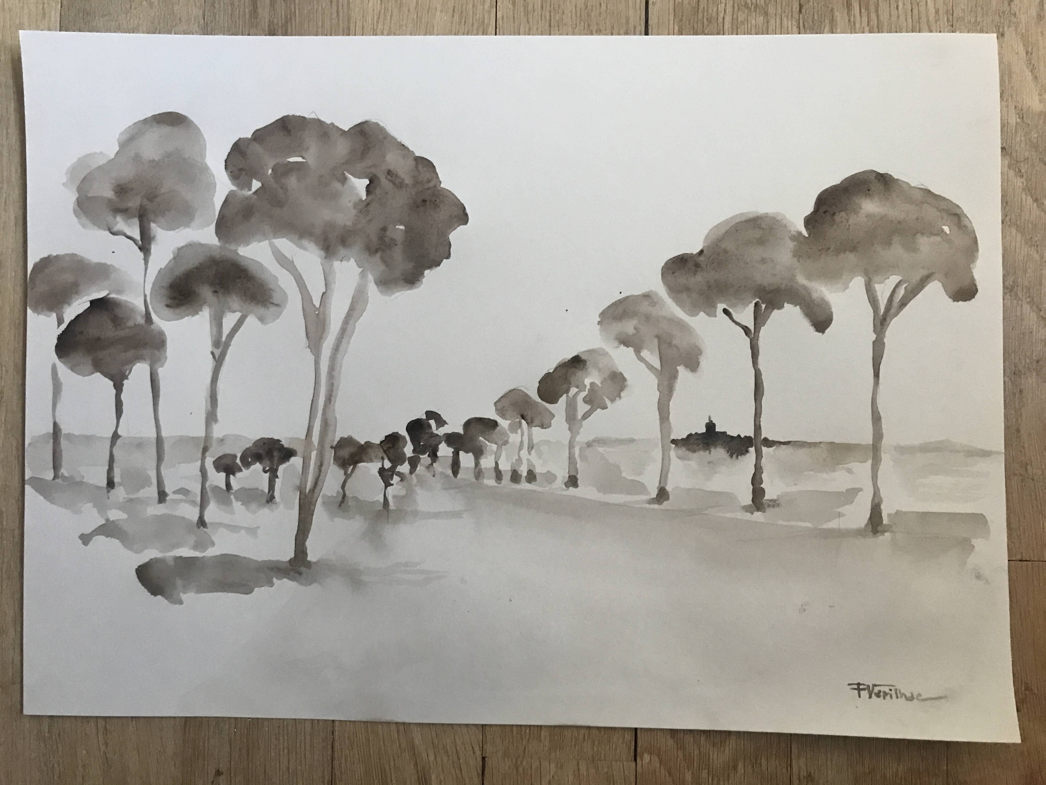 Painting signed monochrome watercolor “pine forest in Provence”