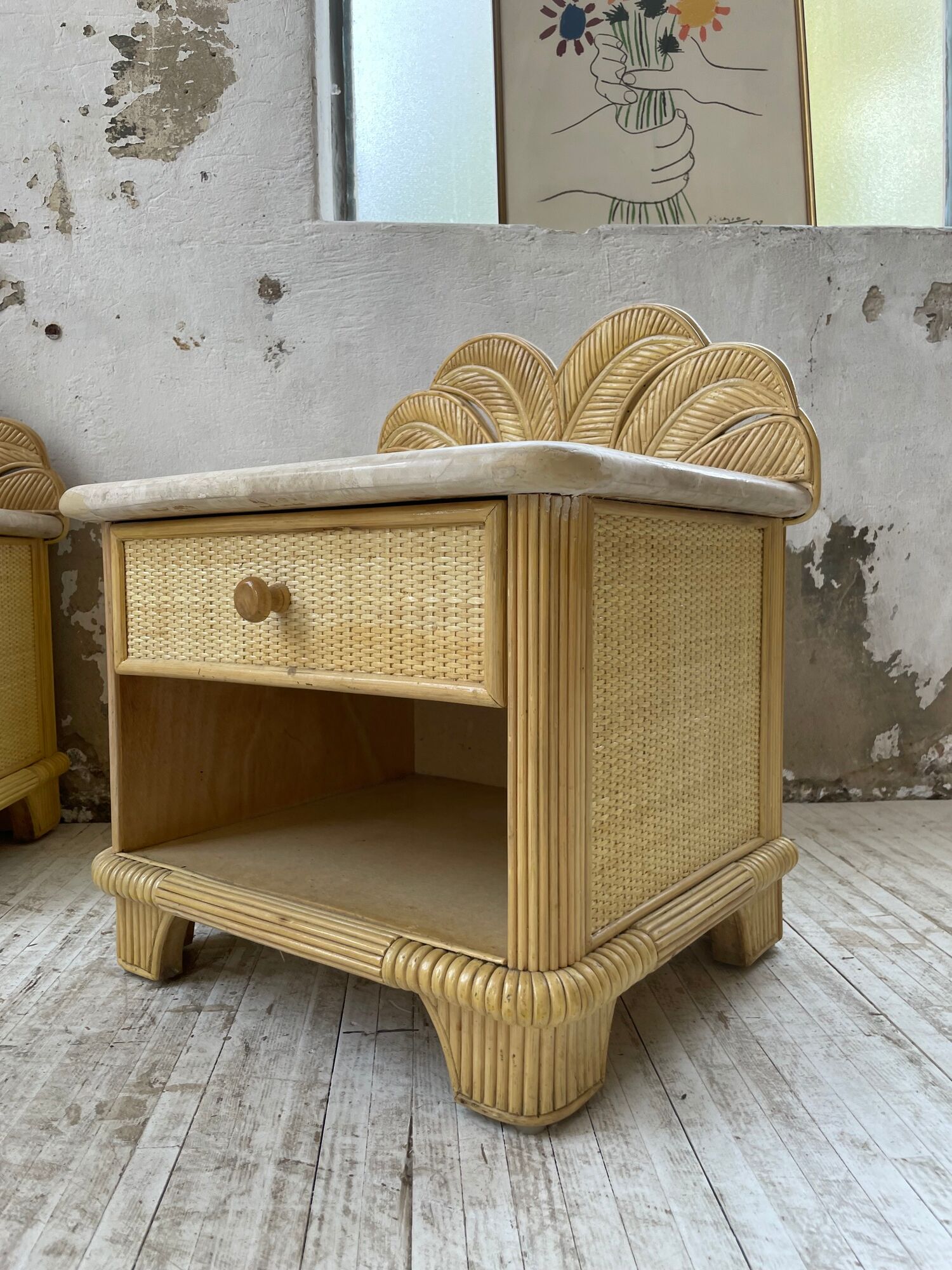 Pair of travertine bedside and rattan palm tree "vivai del sud"