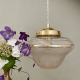 Suspension globe Art Déco en verre dépoli blanc et doré