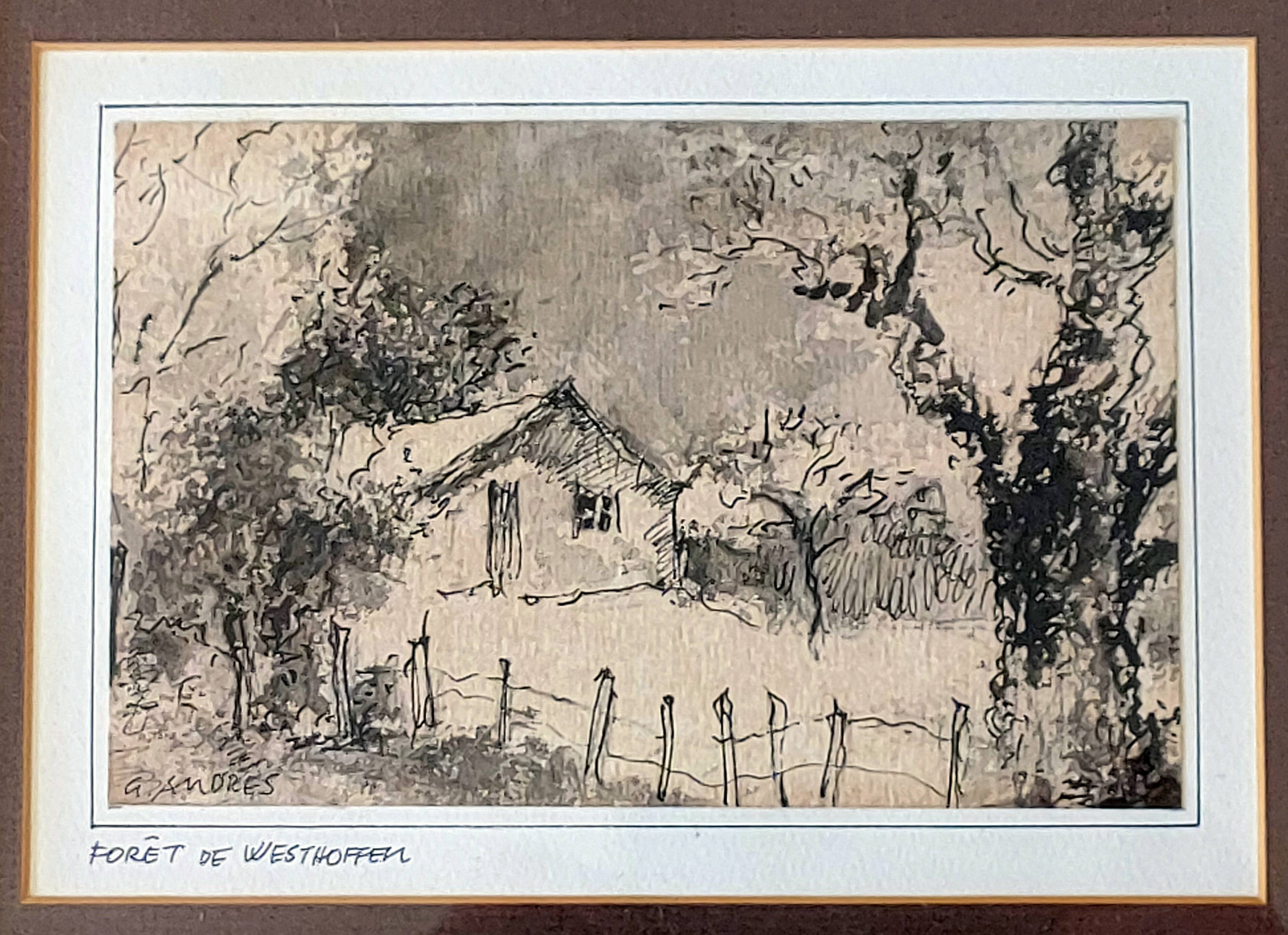 Painting by Gérard ANDRÈS (1930) Watercolored Indian ink Westhoffen Forest