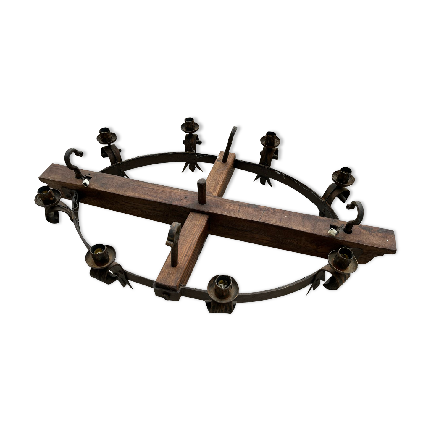 Castle chandelier in oak and cast iron 1950 60