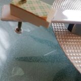 White opaque glass ceiling light and golden metal sun