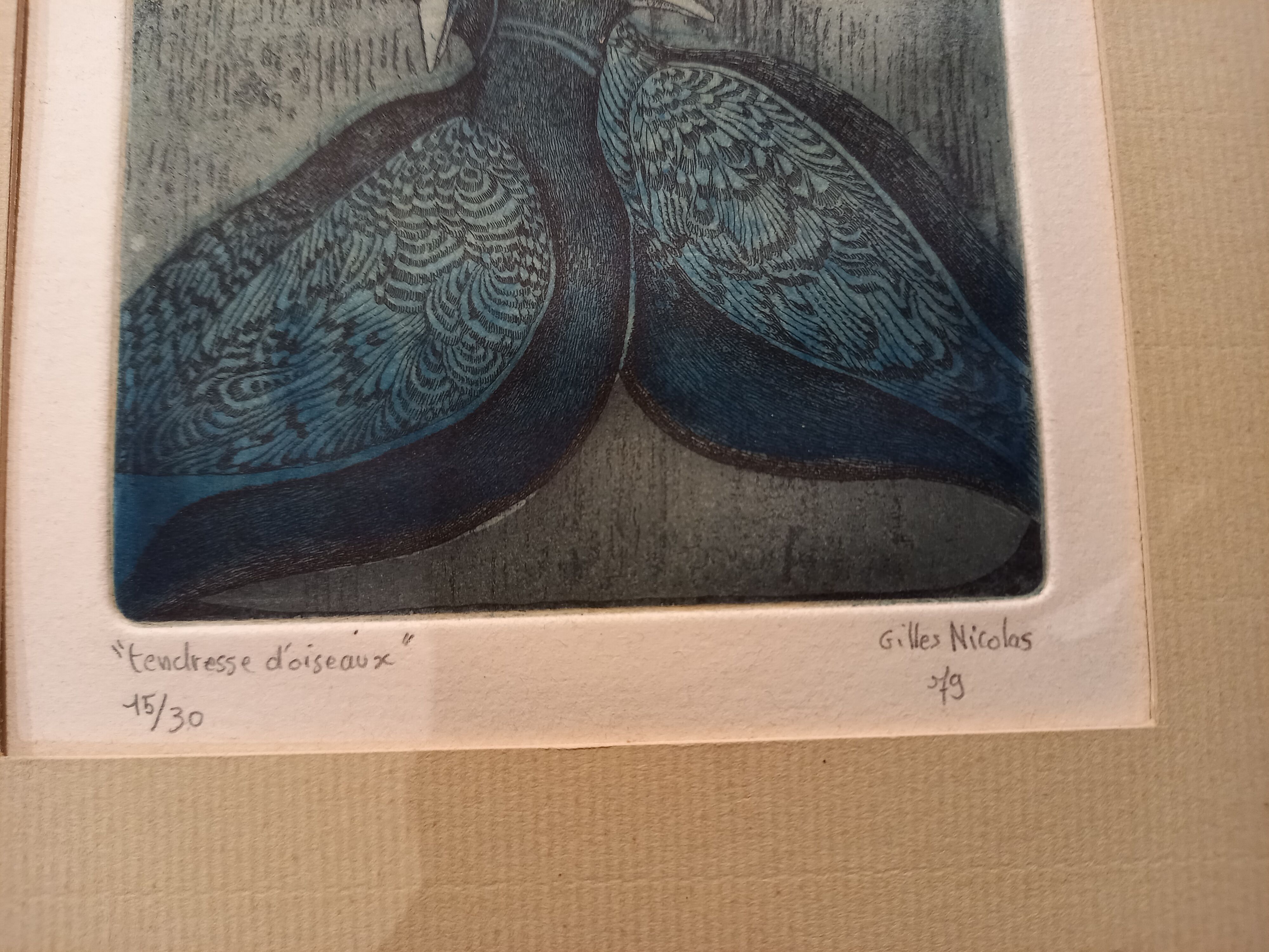 "tenderness of birds", original lithograph by Gilles Nicolas, framed, gilded wood.