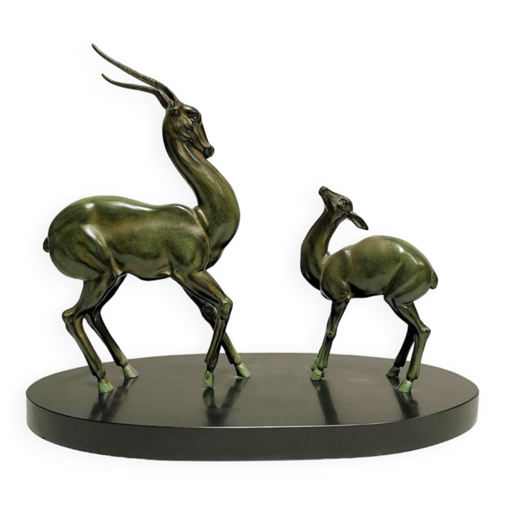 Superb Art Deco Statue Antelopes Regulates Green Patina
