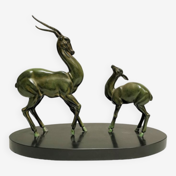 Superb Art Deco Statue Antelopes Regulates Green Patina