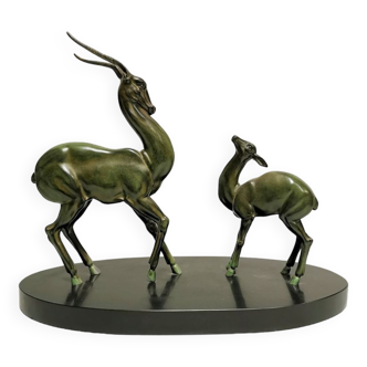 Superb Art Deco Statue Antelopes Regulates Green Patina