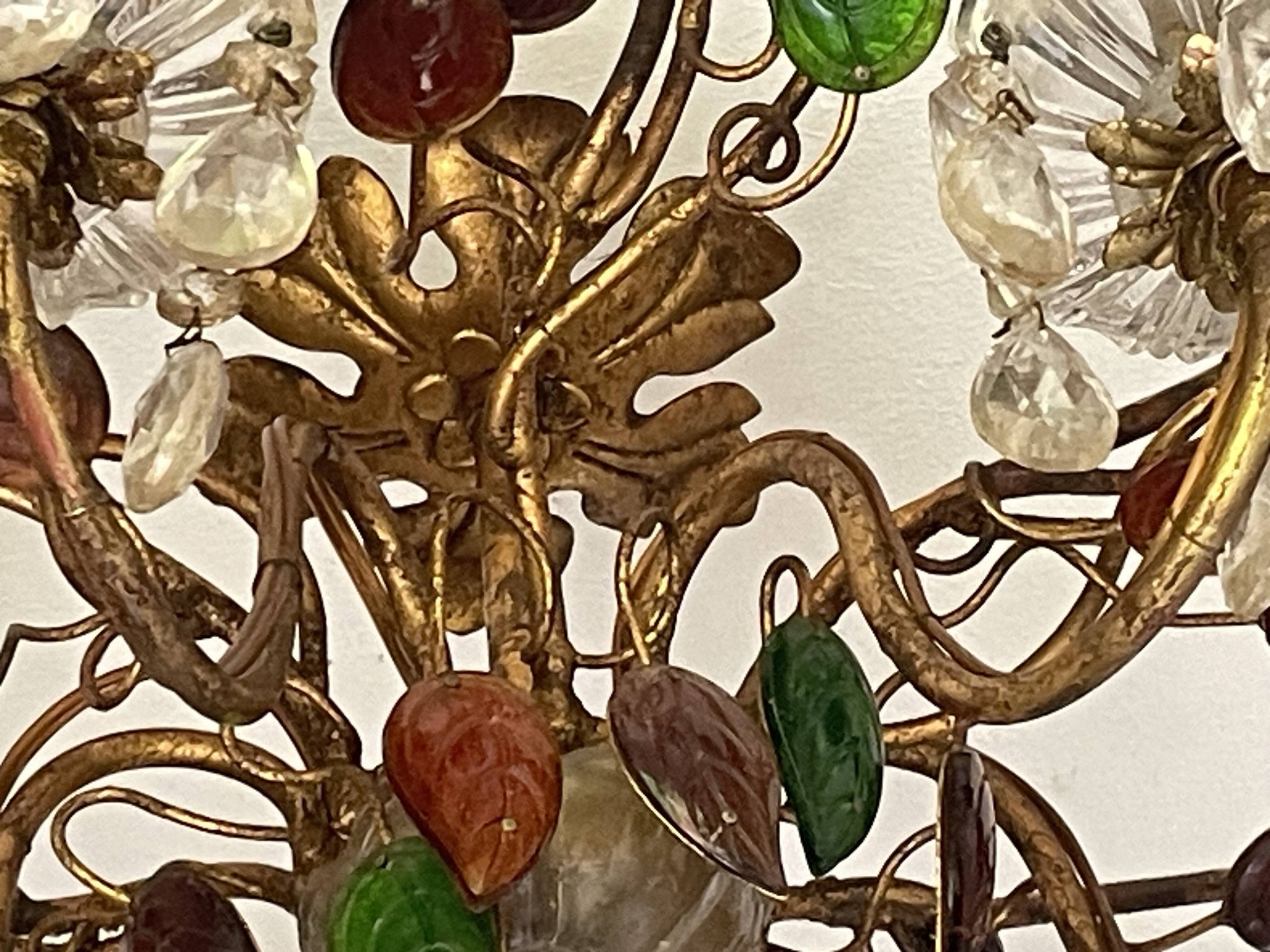 Floral chandelier Banci Firenze with 6 lights, coloured glass and gold metal.