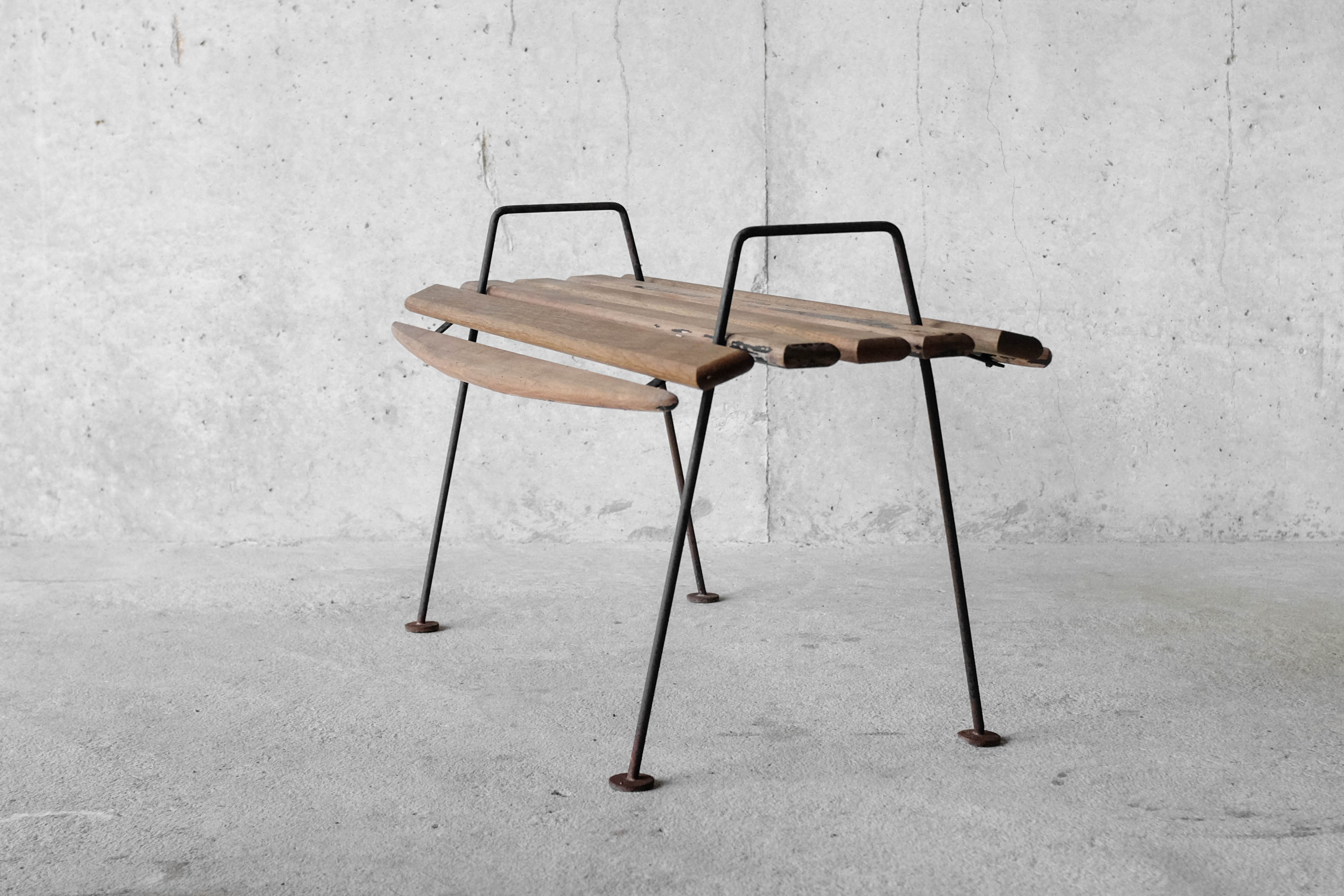 Stool with minimalist wood and metal slats